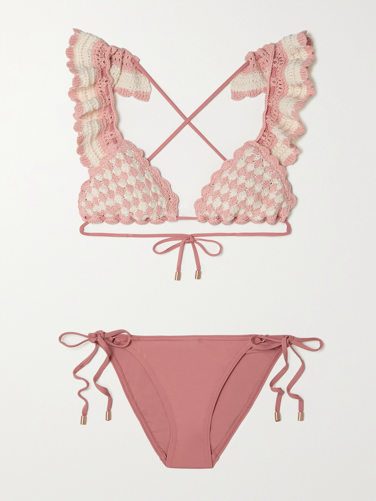 Zimmermann - Clover Ruffled Crochet-knit Cotton Triangle Bikini - Pink