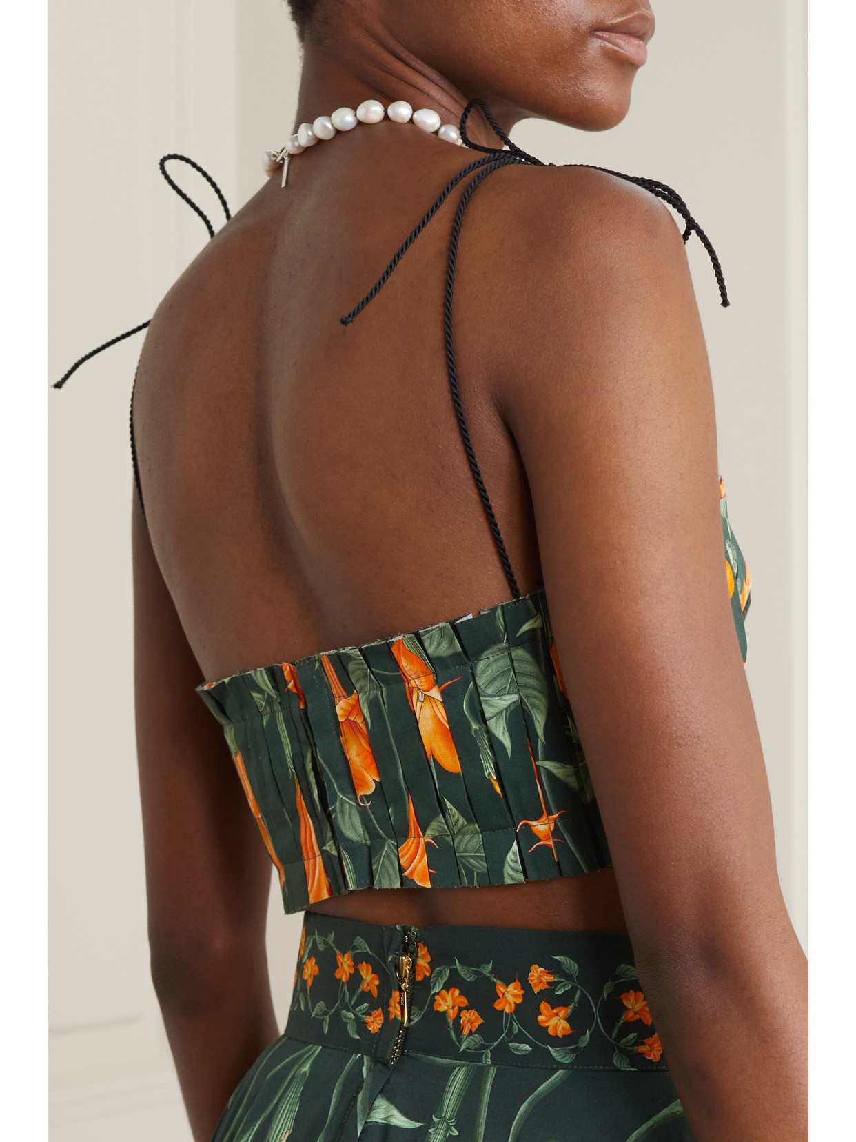 AGUA BY AGUA BENDITA + NET SUSTAIN MORINGA MONARCA CROPPED PLEATED FLORAL-PRINT COTTON-POPLIN TOP
