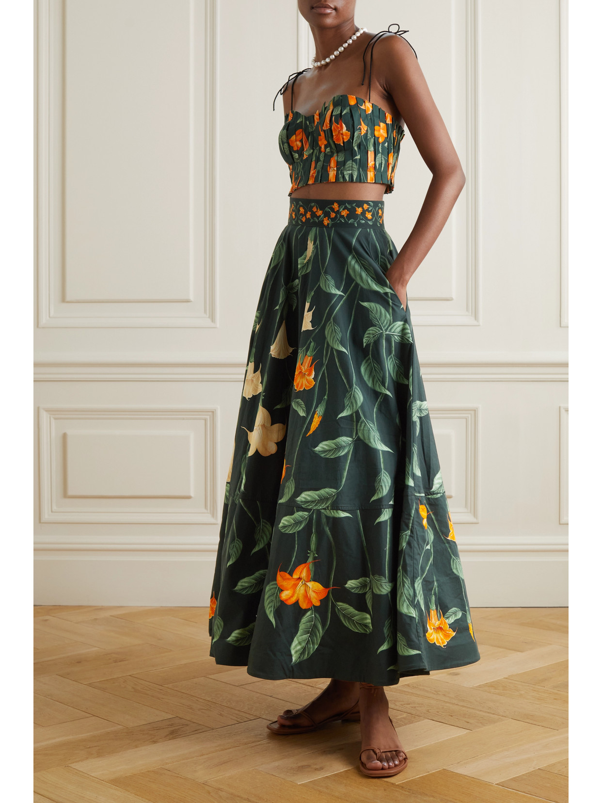 AGUA BY AGUA BENDITA + NET SUSTAIN MORINGA MONARCA CROPPED PLEATED FLORAL-PRINT COTTON-POPLIN TOP