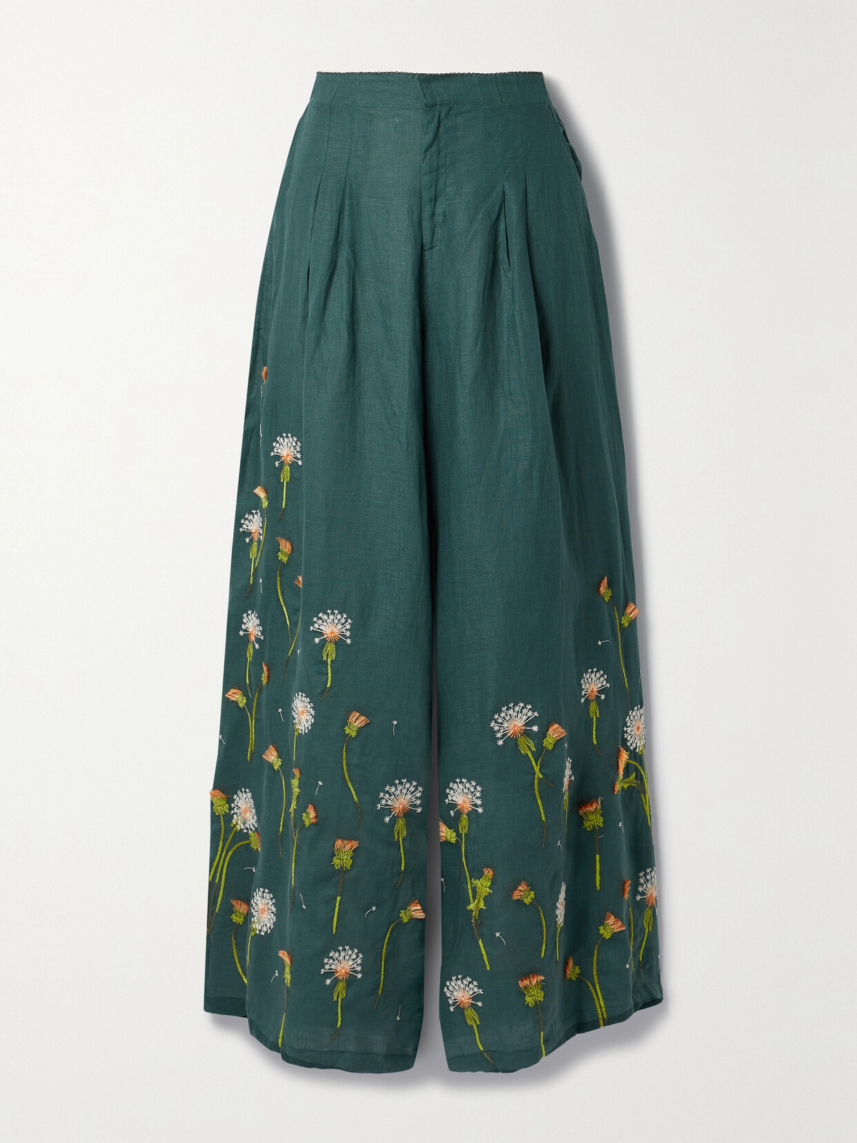 Agua by Agua Bendita - + Net Sustain Piñon Pleated Embroidered Linen Wide-leg Pants - Green