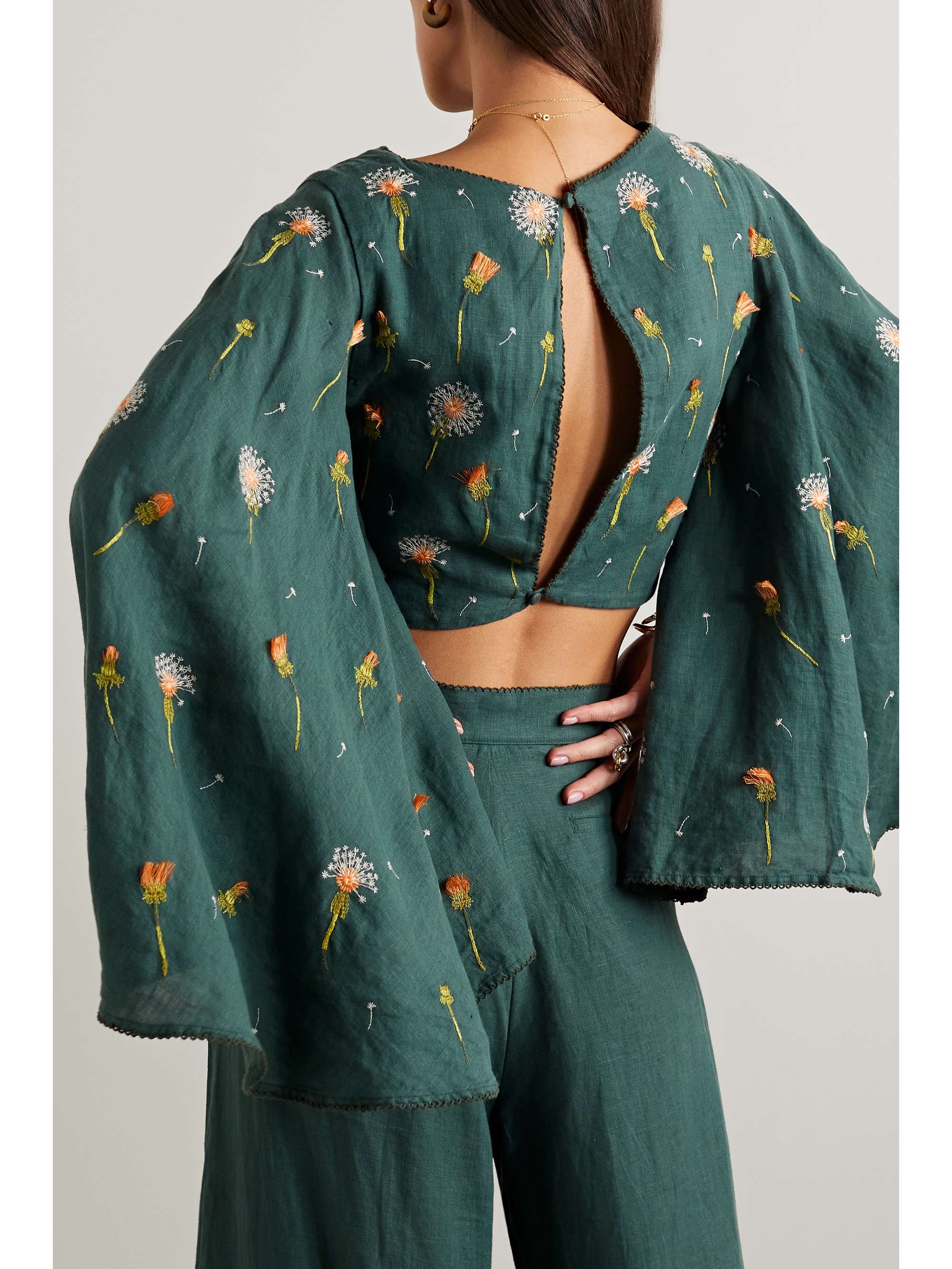 AGUA BY AGUA BENDITA + NET SUSTAIN Sauce cropped embroidered linen top