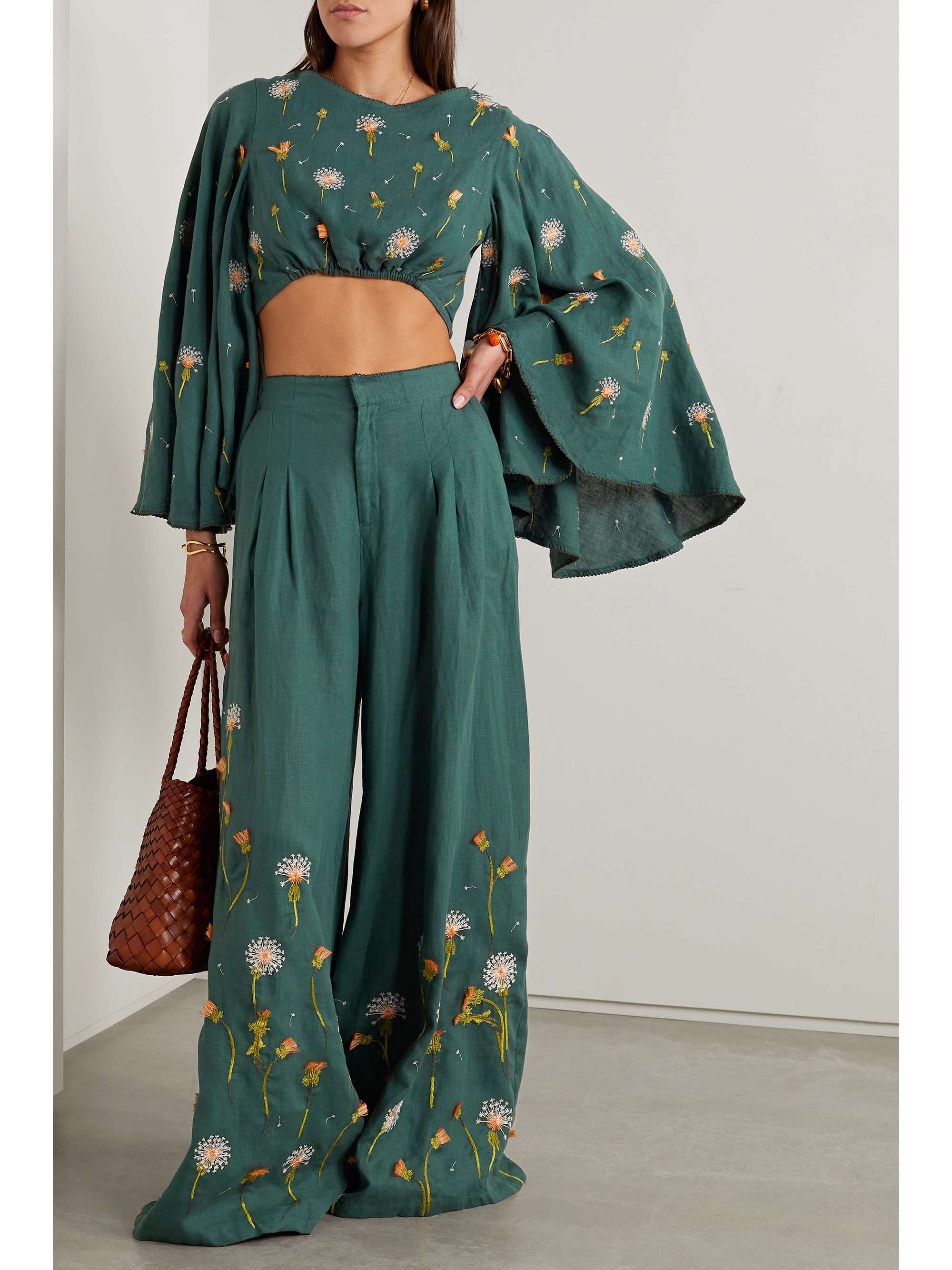 AGUA BY AGUA BENDITA + NET SUSTAIN Sauce cropped embroidered linen top