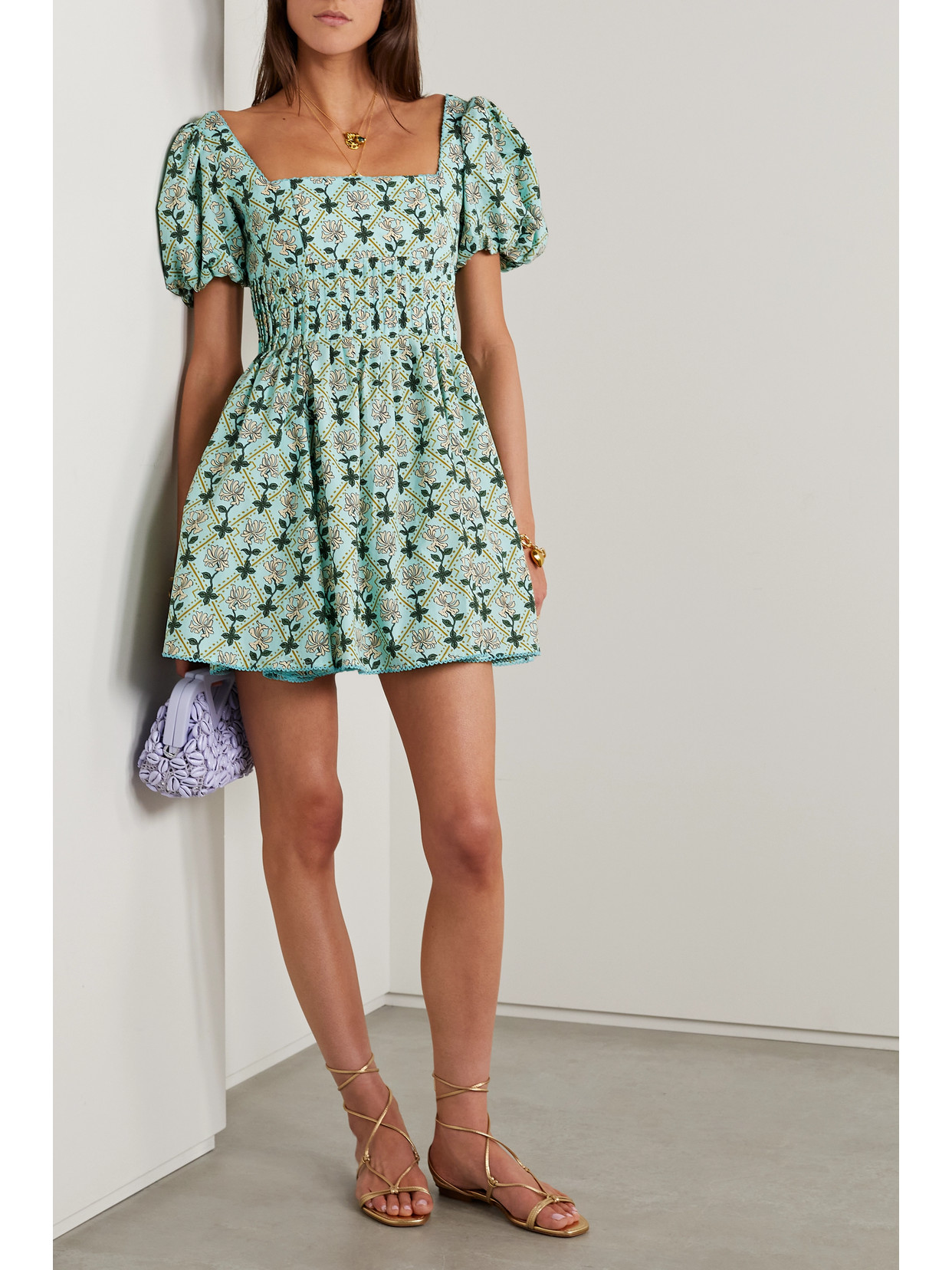 Shop Agua By Agua Bendita + Net Sustain Caramelo Pintucked Floral-print Cotton-poplin Mini Dress In Green