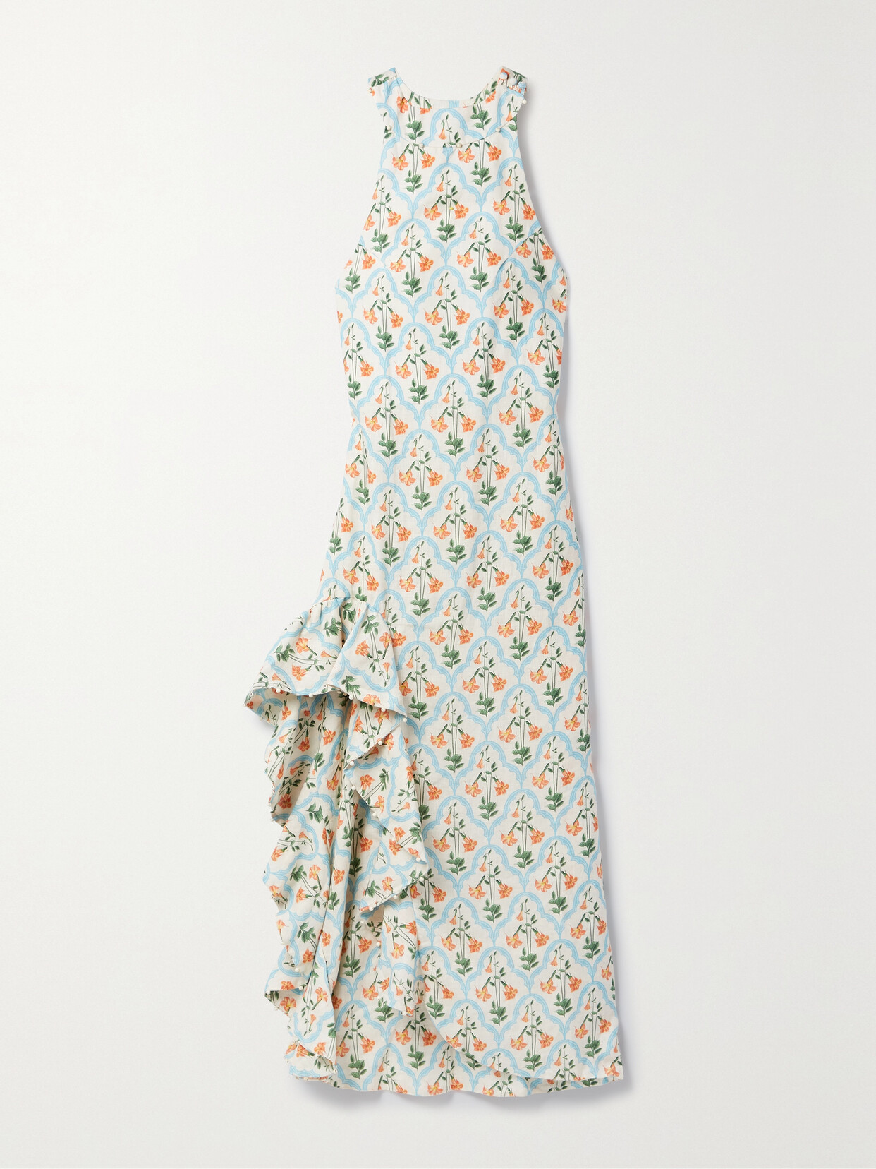 AGUA BY AGUA BENDITA + NET SUSTAIN GERBERA RUFFLED PRINTED LINEN MAXI DRESS