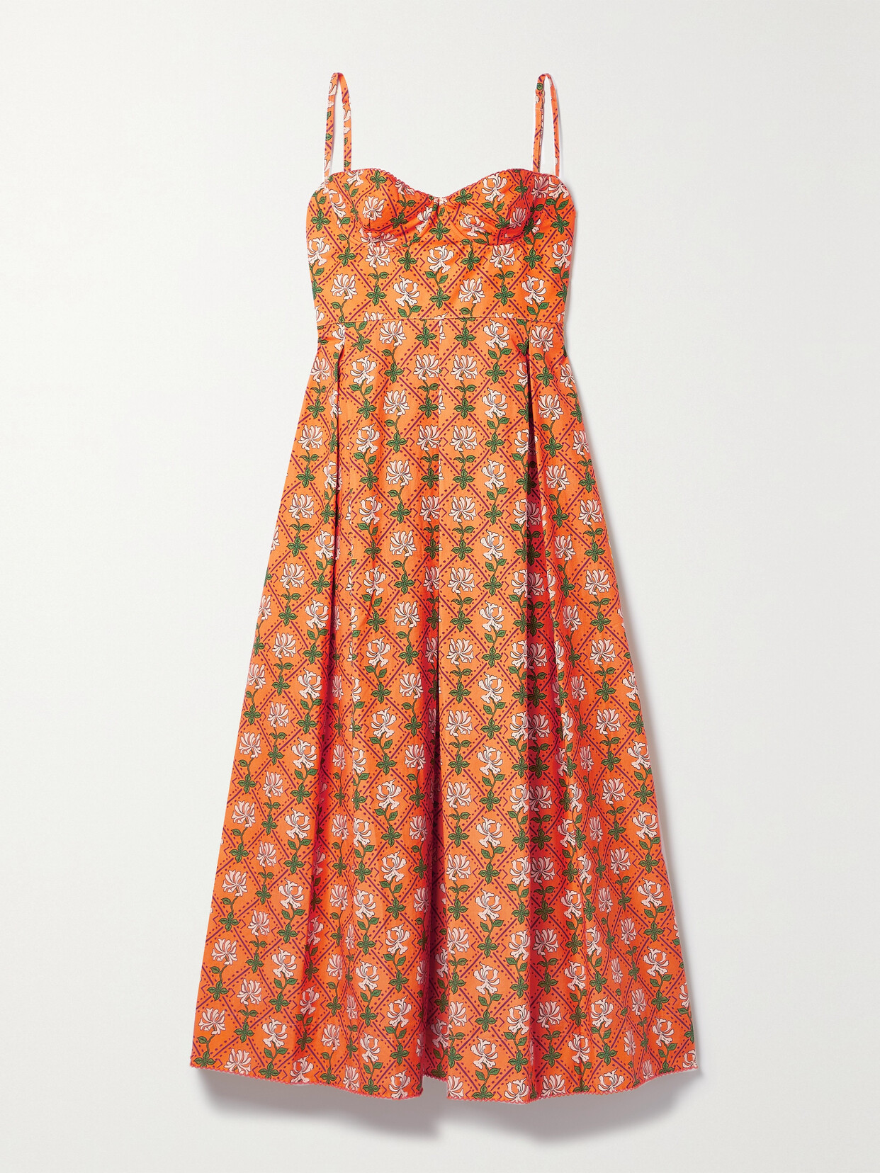 Shop Agua By Agua Bendita + Net Sustain Mambo Pleated Floral-print Cotton-poplin Midi Dress In Orange