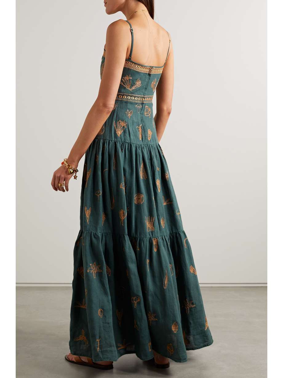 Green + NET SUSTAIN Lima tiered embroidered linen maxi dress AGUA BY