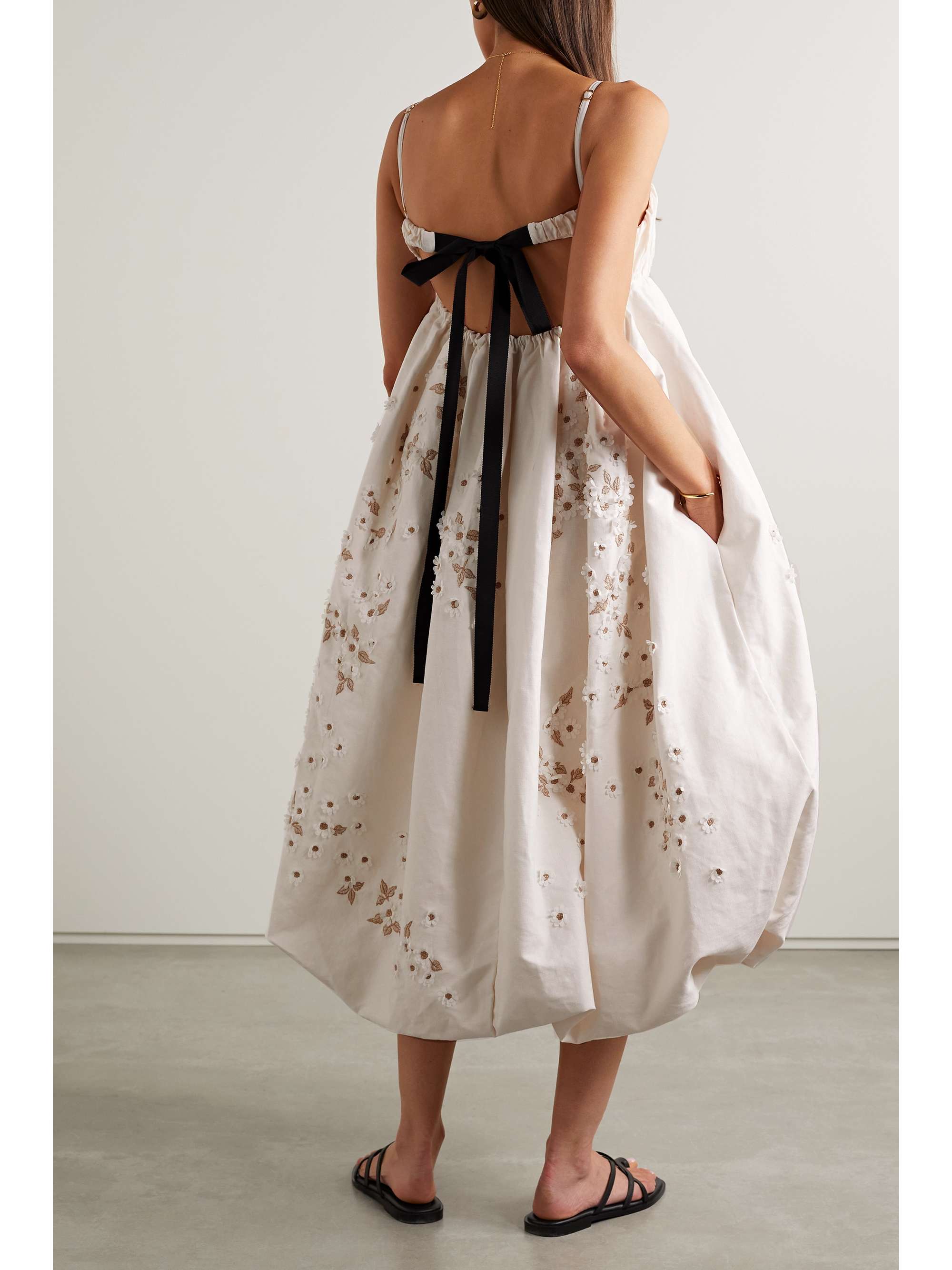 AGUA BY AGUA BENDITA + NET SUSTAIN Limonaria gathered appliquéd embroidered linen midi dress