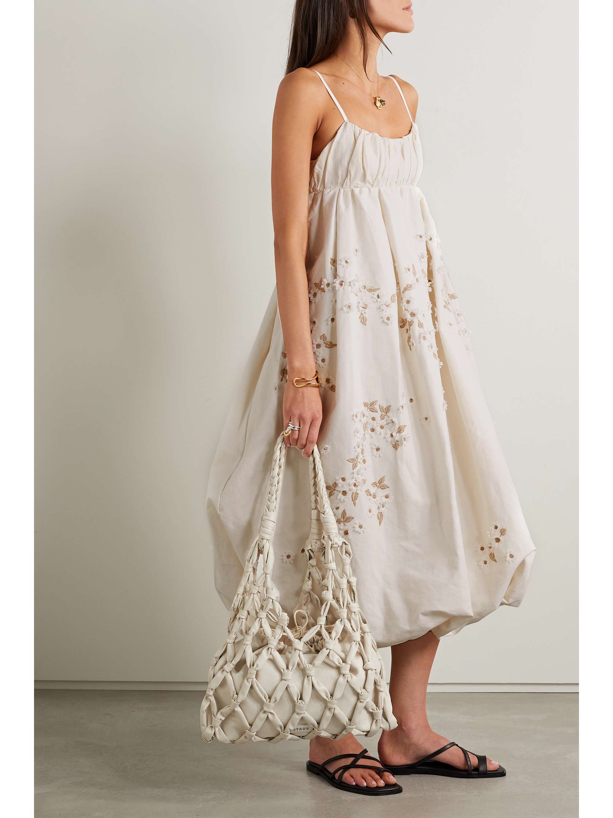 AGUA BY AGUA BENDITA + NET SUSTAIN Limonaria gathered appliquéd embroidered linen midi dress