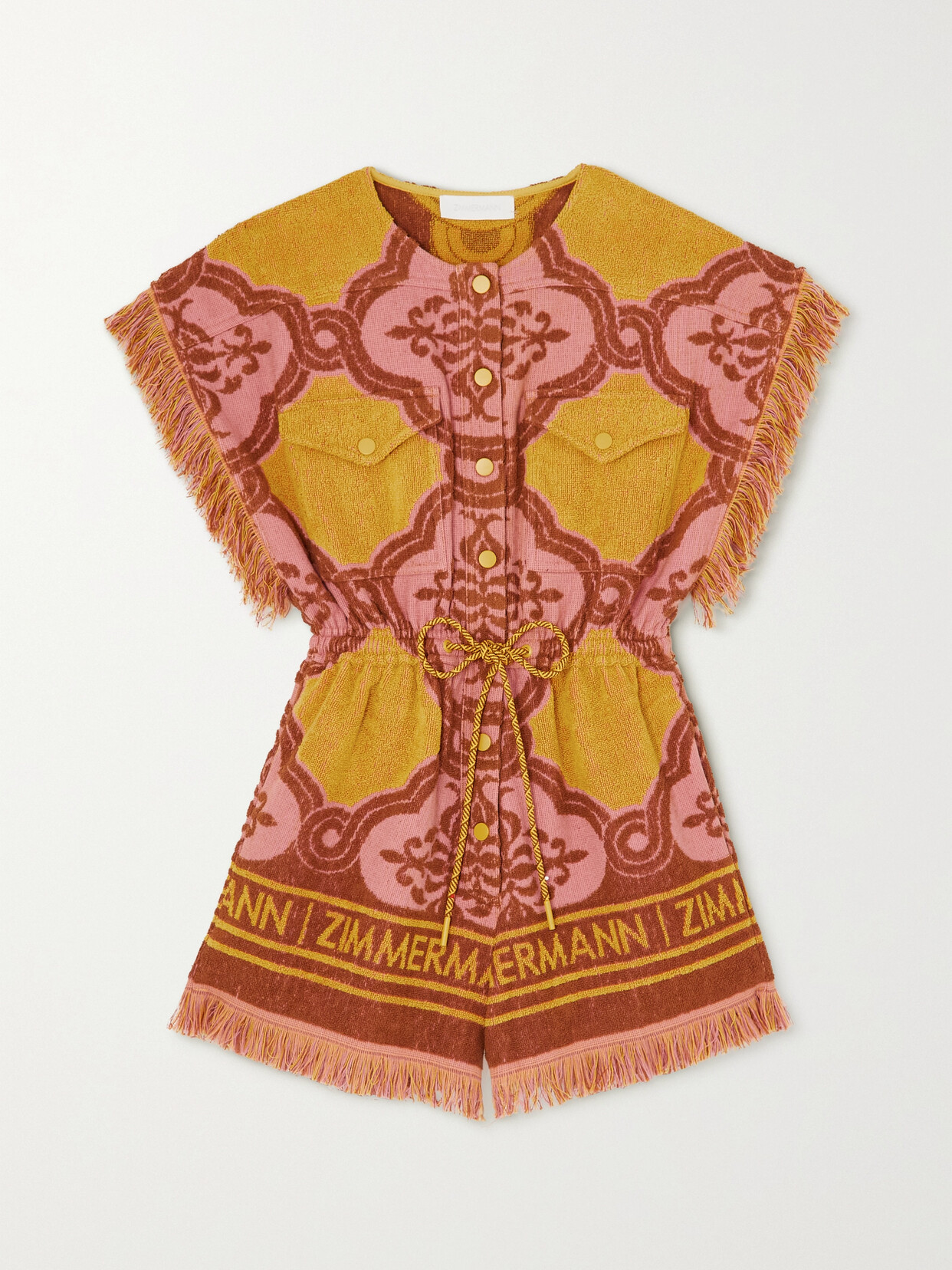 Zimmermann Cira Fringed Cotton-terry Jacquard Playsuit - Pink