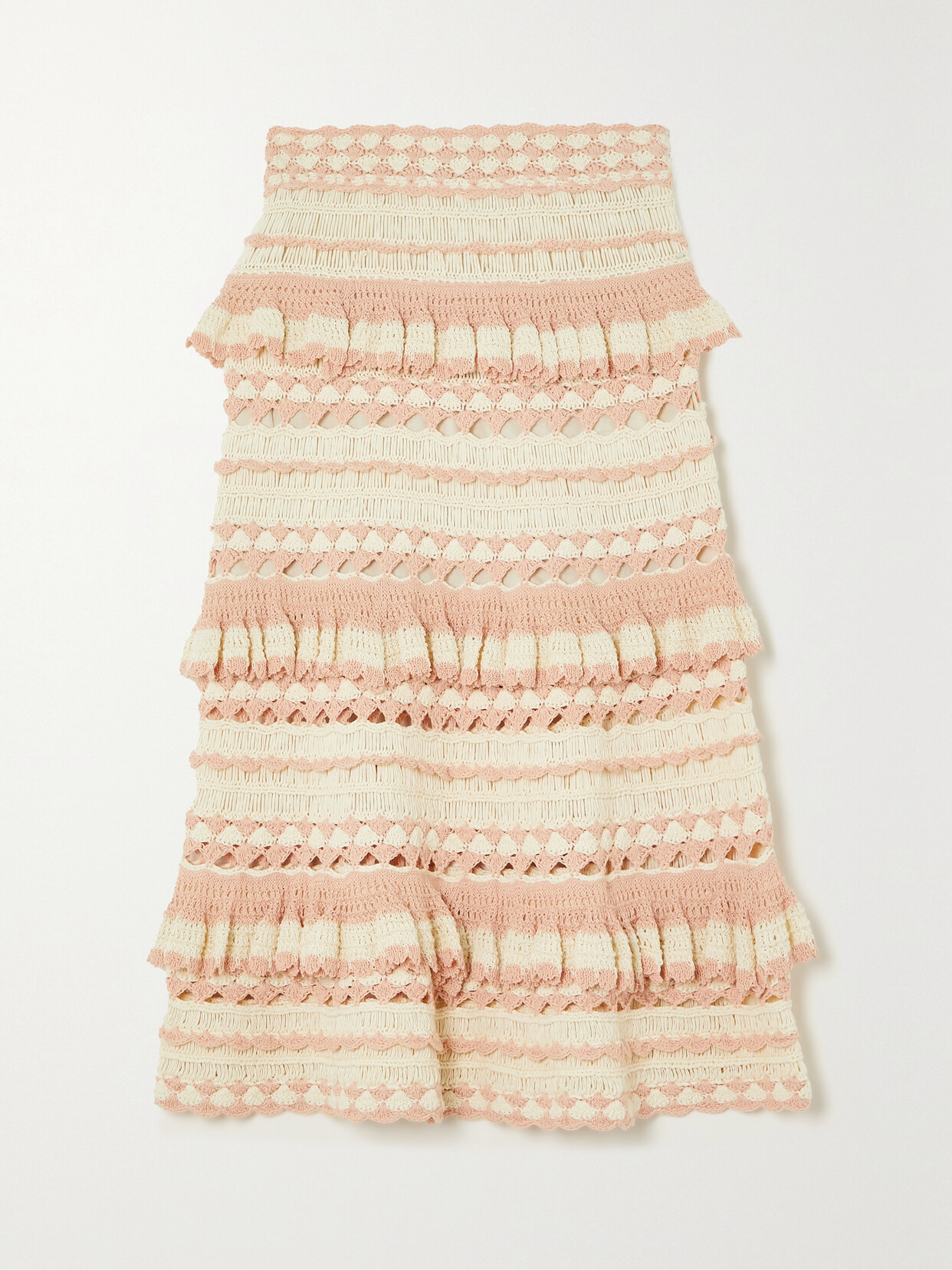 Shop Zimmermann Clover Tiered Crocheted Cotton Midi Skirt In Pink