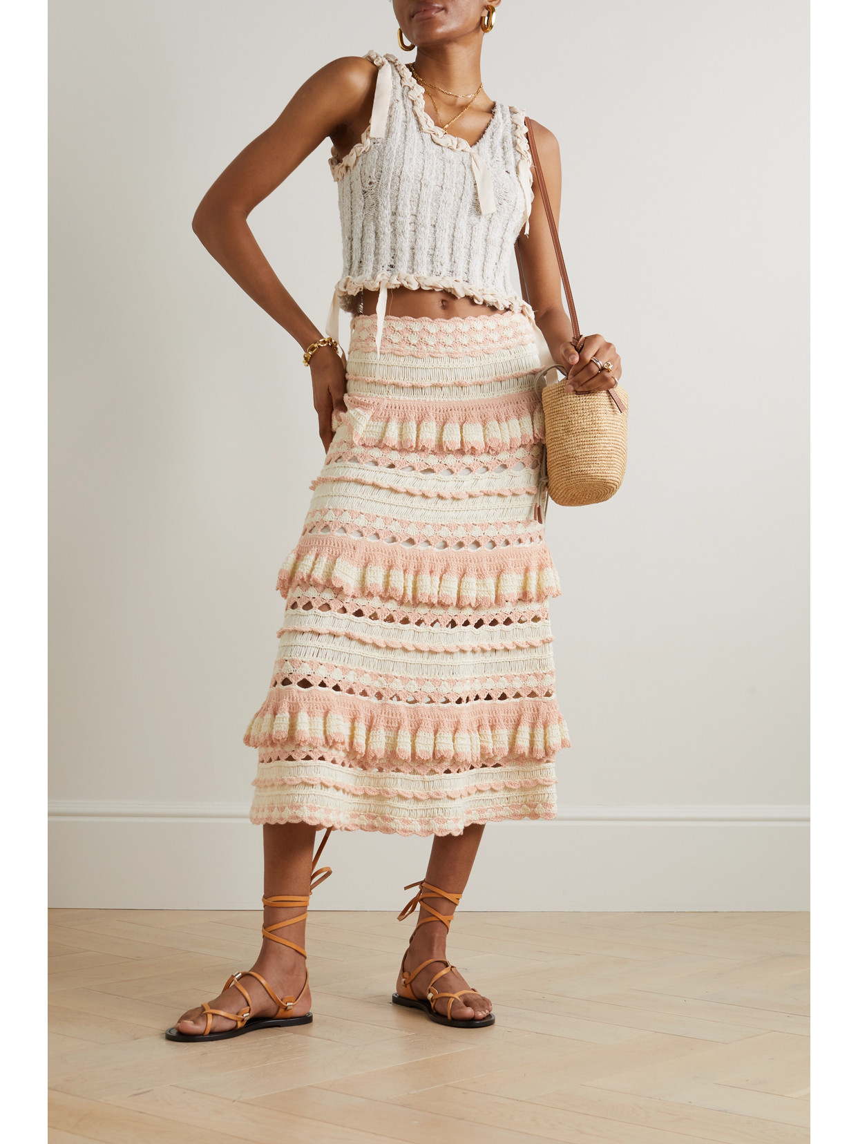 Shop Zimmermann Clover Tiered Crocheted Cotton Midi Skirt In Pink