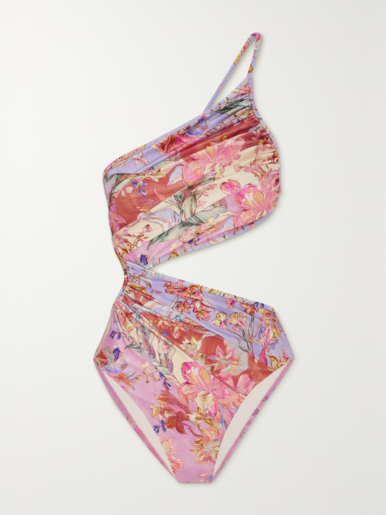 ZIMMERMANN CIRA ONE-SHOULDER CUTOUT RUCHED FLORAL-PRINT SWIMSUIT