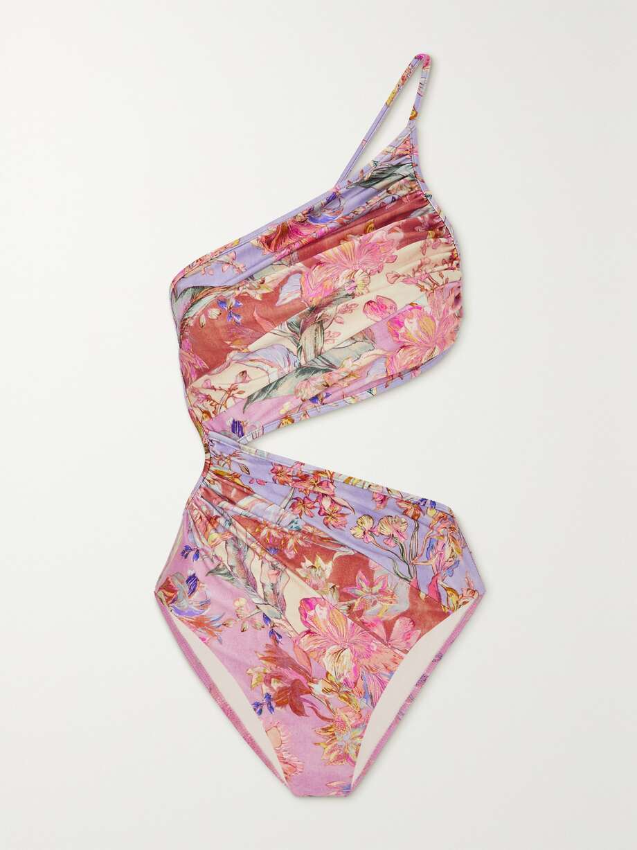 net-a-porter.com | Cira one-shoulder cutout ruched floral-print swimsuit