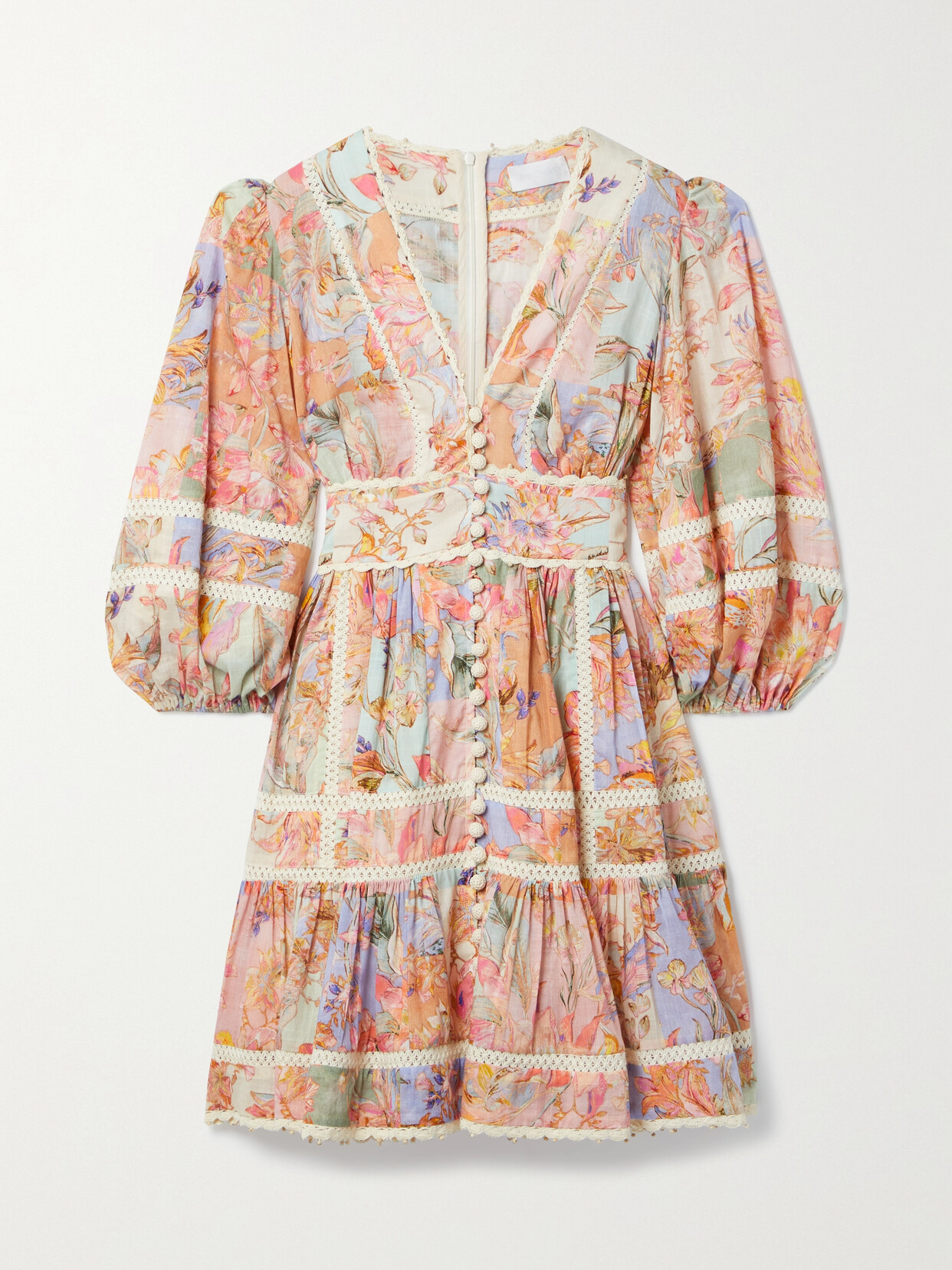 Shop Zimmermann Cira Crochet-trimmed Floral-print Cotton Mini Dress In Orange