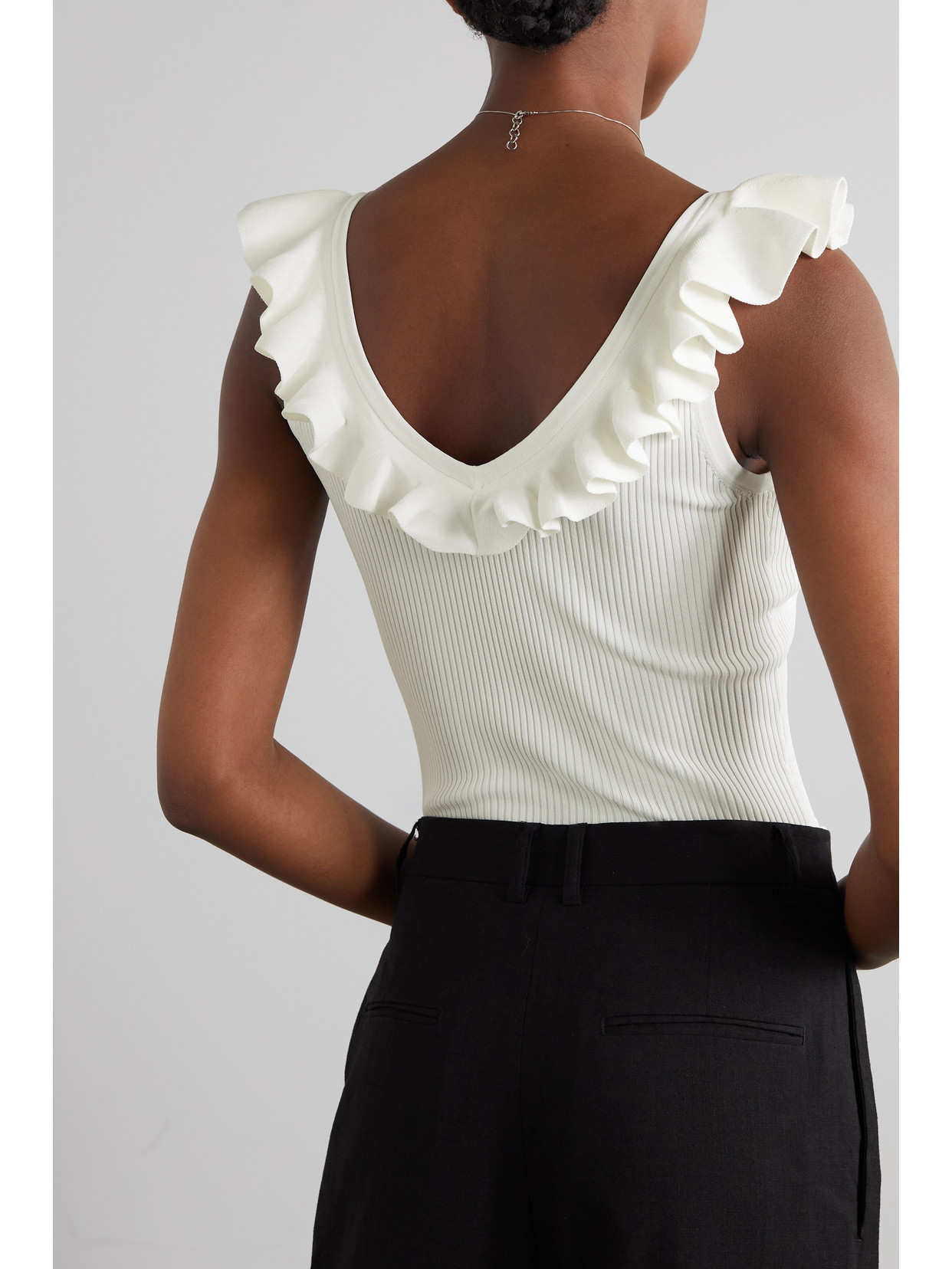 Ruffled Ribbed-knit Vest Top In White