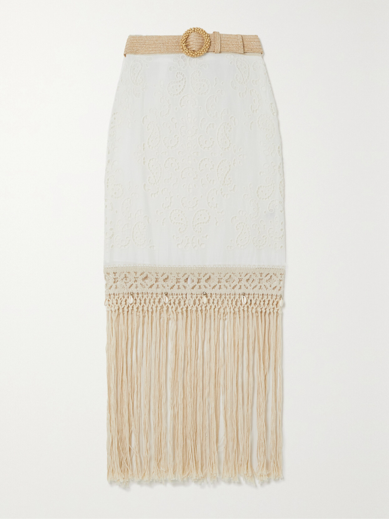 Zimmermann Vitali Belted Macramé-trimmed Broderie Anglaise Cotton Maxi Skirt - Ivory