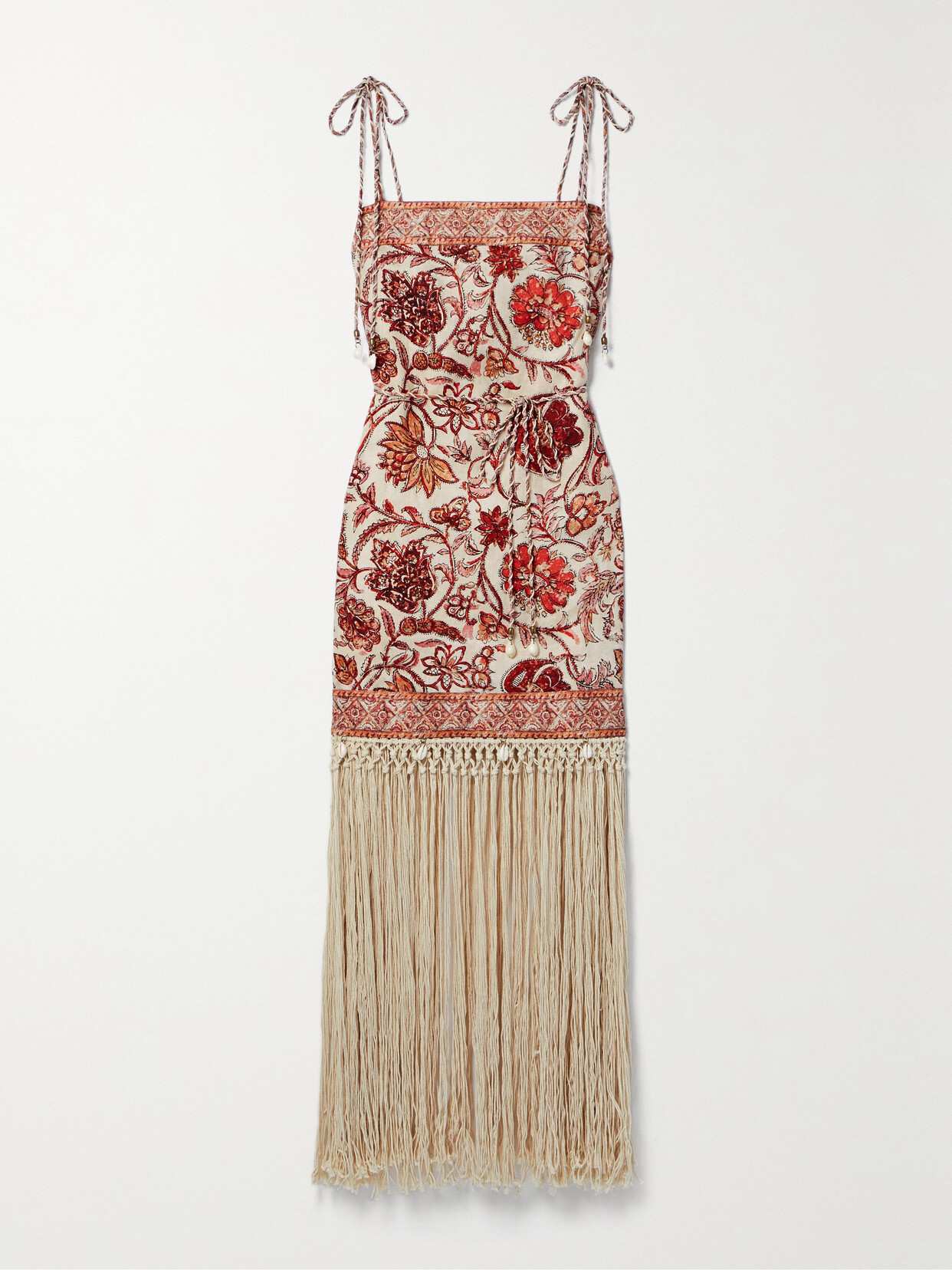 Zimmermann Vitali Belted Fringed Embellished Printed Cotton Mini Dress - Red