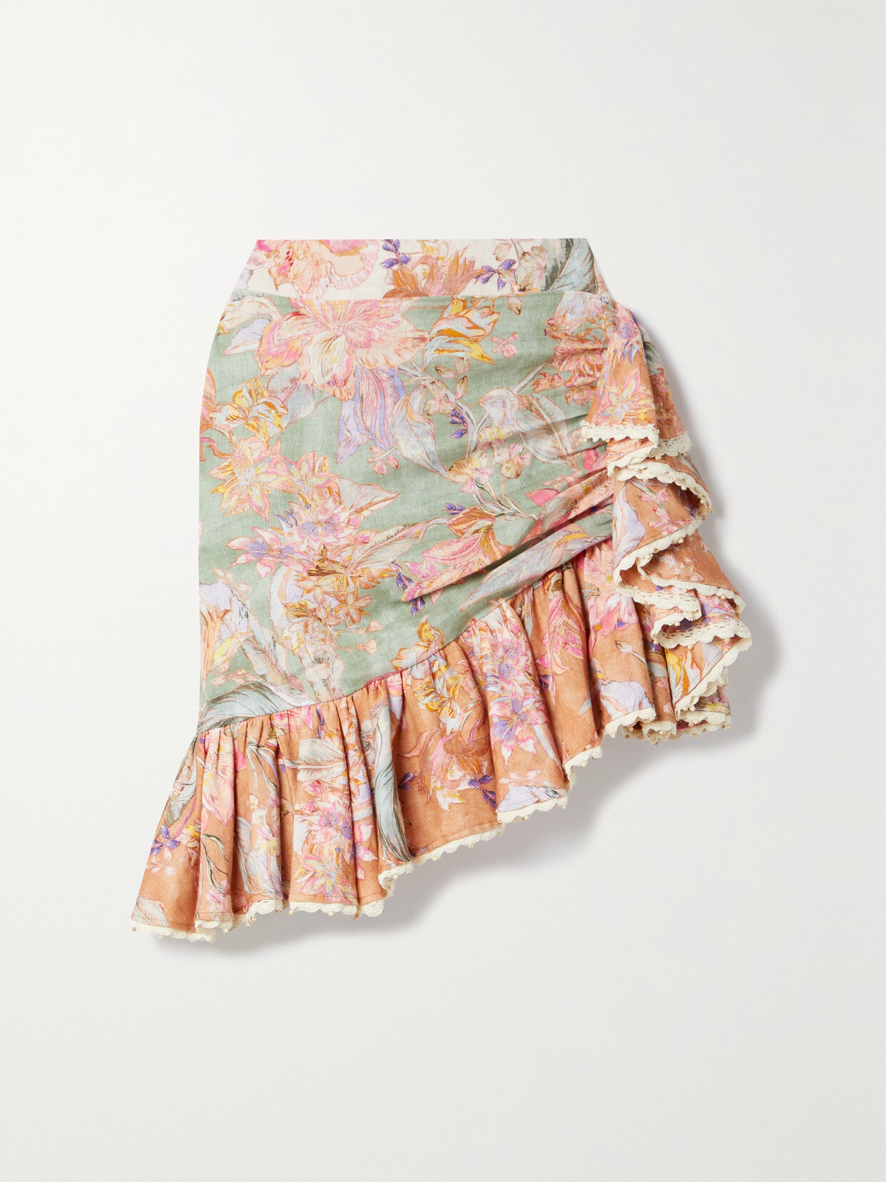 Zimmermann - Cira Wrap-effect Ruffled Lace-trimmed Floral-print Linen Skirt - Pink