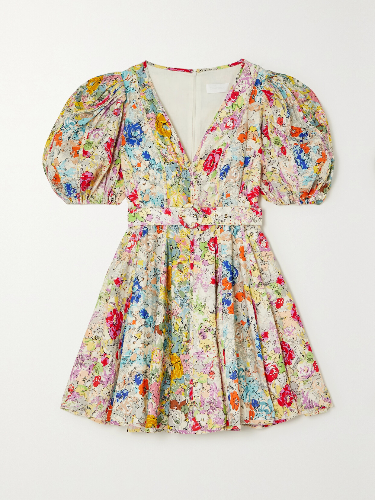 Zimmermann Clover Belted Floral-print Linen Mini Dress In Brown