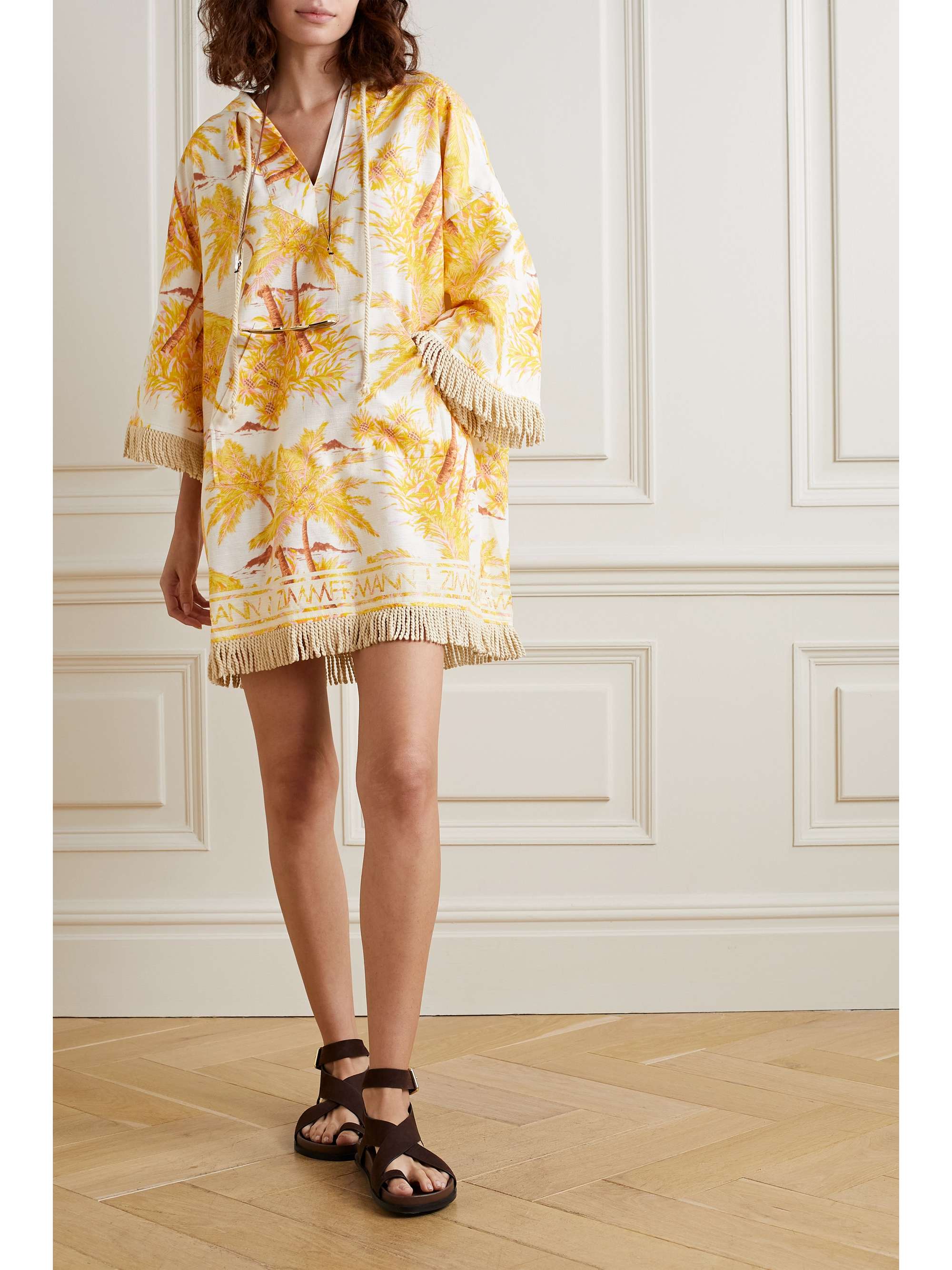 ZIMMERMANN Cira hooded fringed printed cotton mini dress