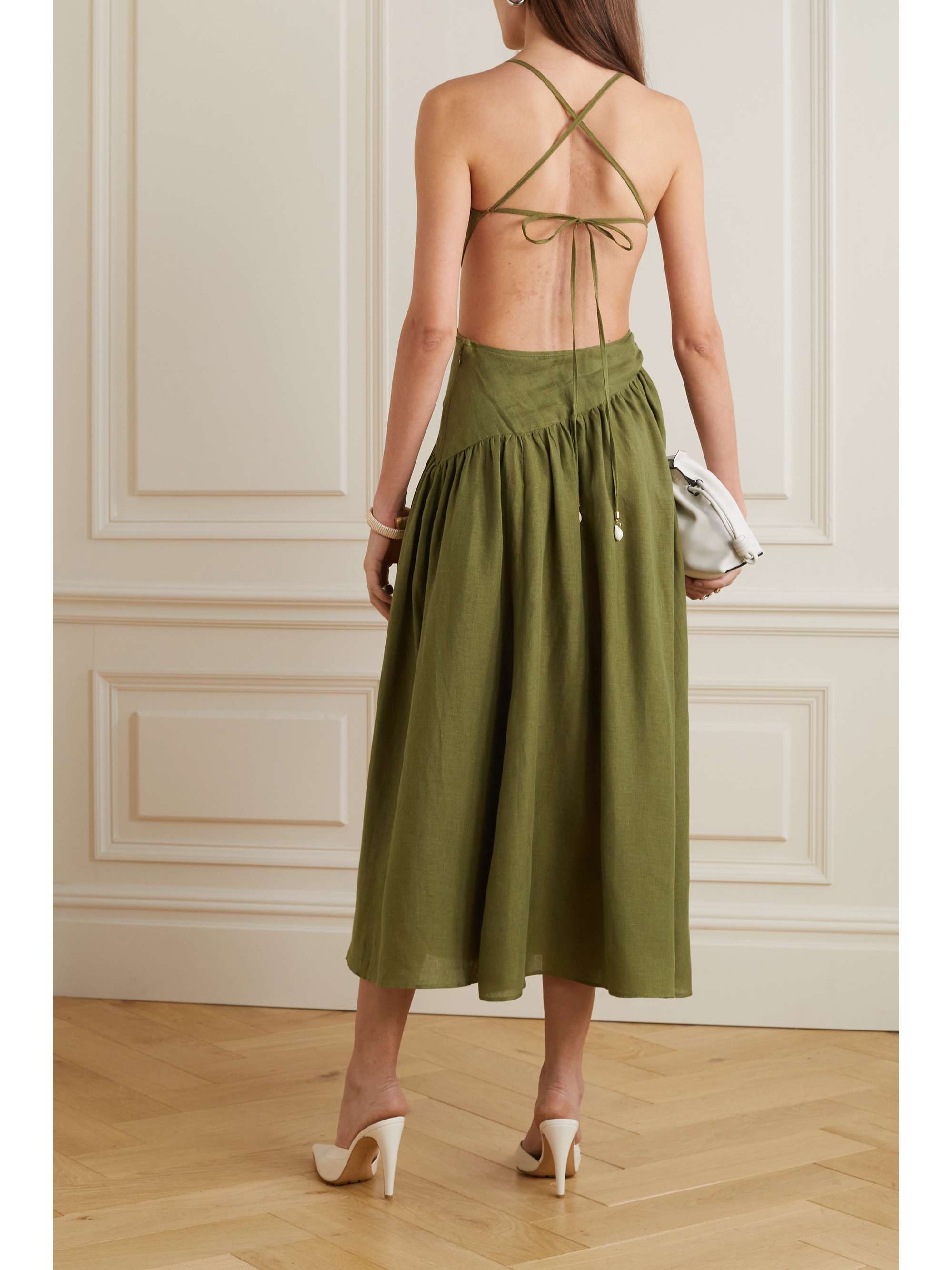 ZIMMERMANN Laurel shell-embellished open-back draped linen midi dress