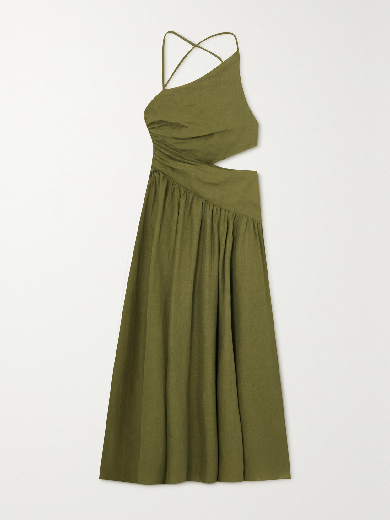 ZIMMERMANN LAUREL SHELL-EMBELLISHED OPEN-BACK DRAPED LINEN MIDI DRESS