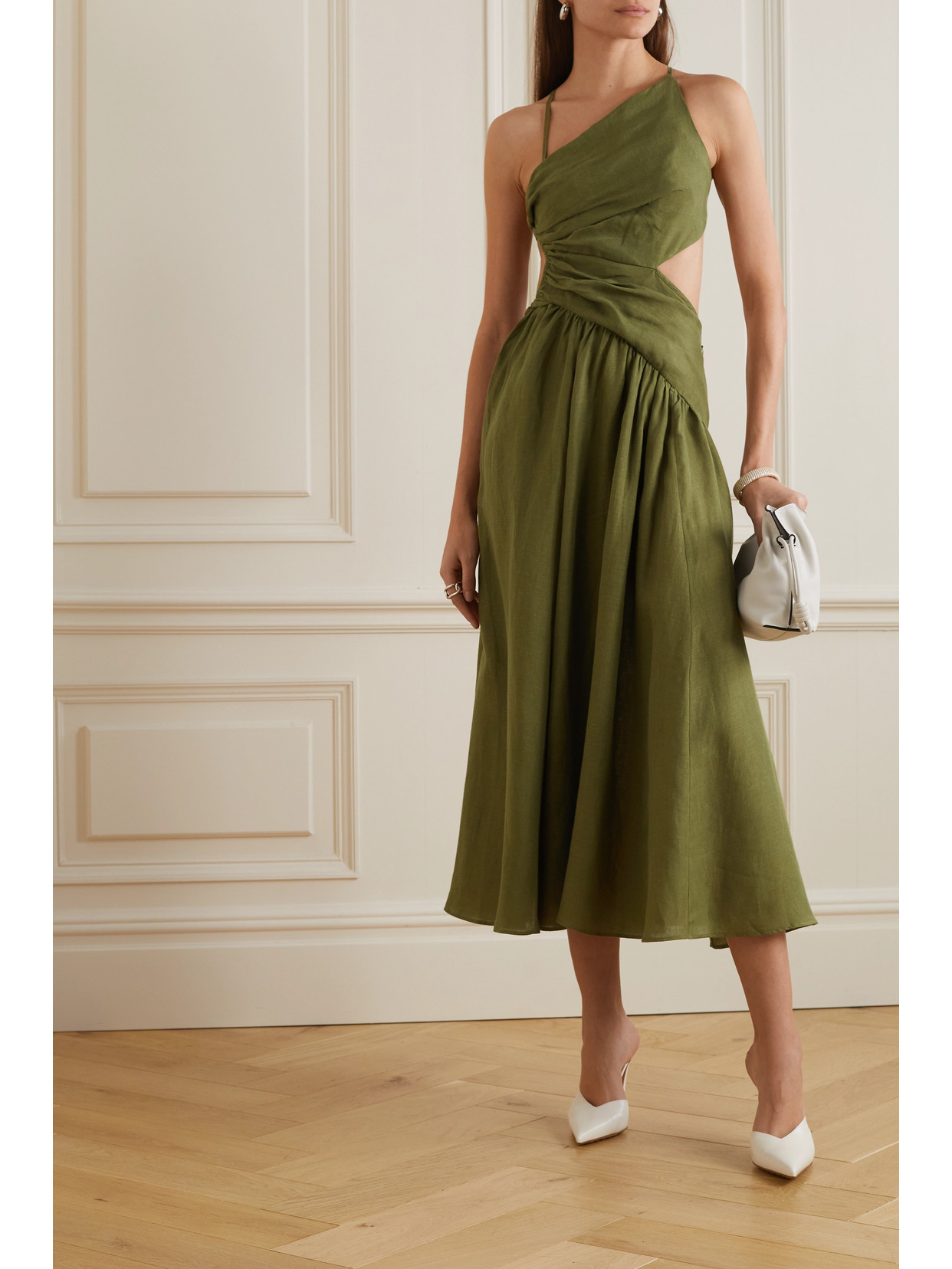 Zimmermann Laurel Asymmetric Linen Midi Dress In Green ModeSens