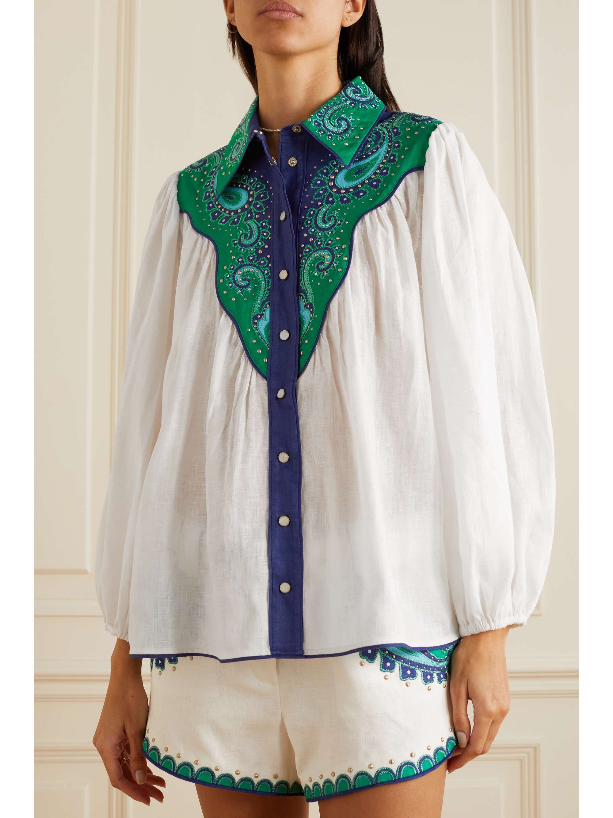 ZIMMERMANN Tiggy embellished appliquéd cotton-trimmed linen blouse