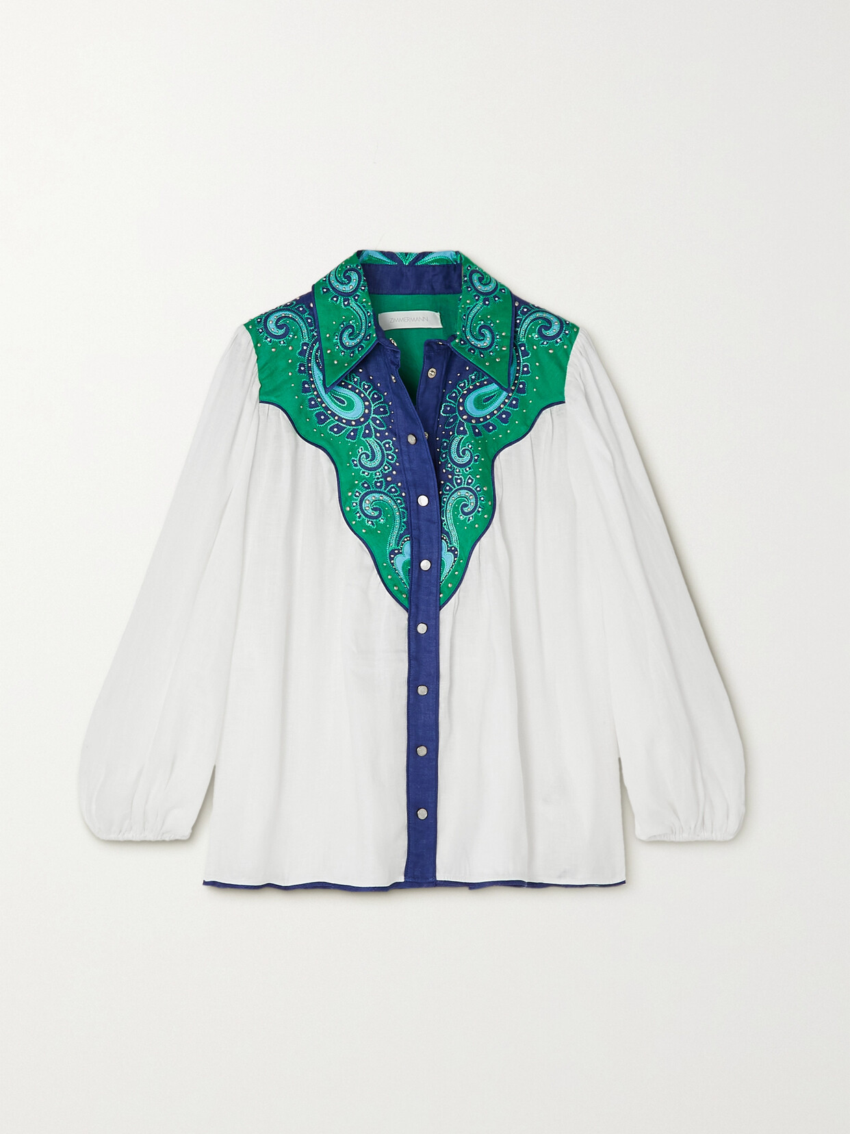 Zimmermann - Tiggy Embellished Appliquéd Cotton-trimmed Linen Blouse - Green