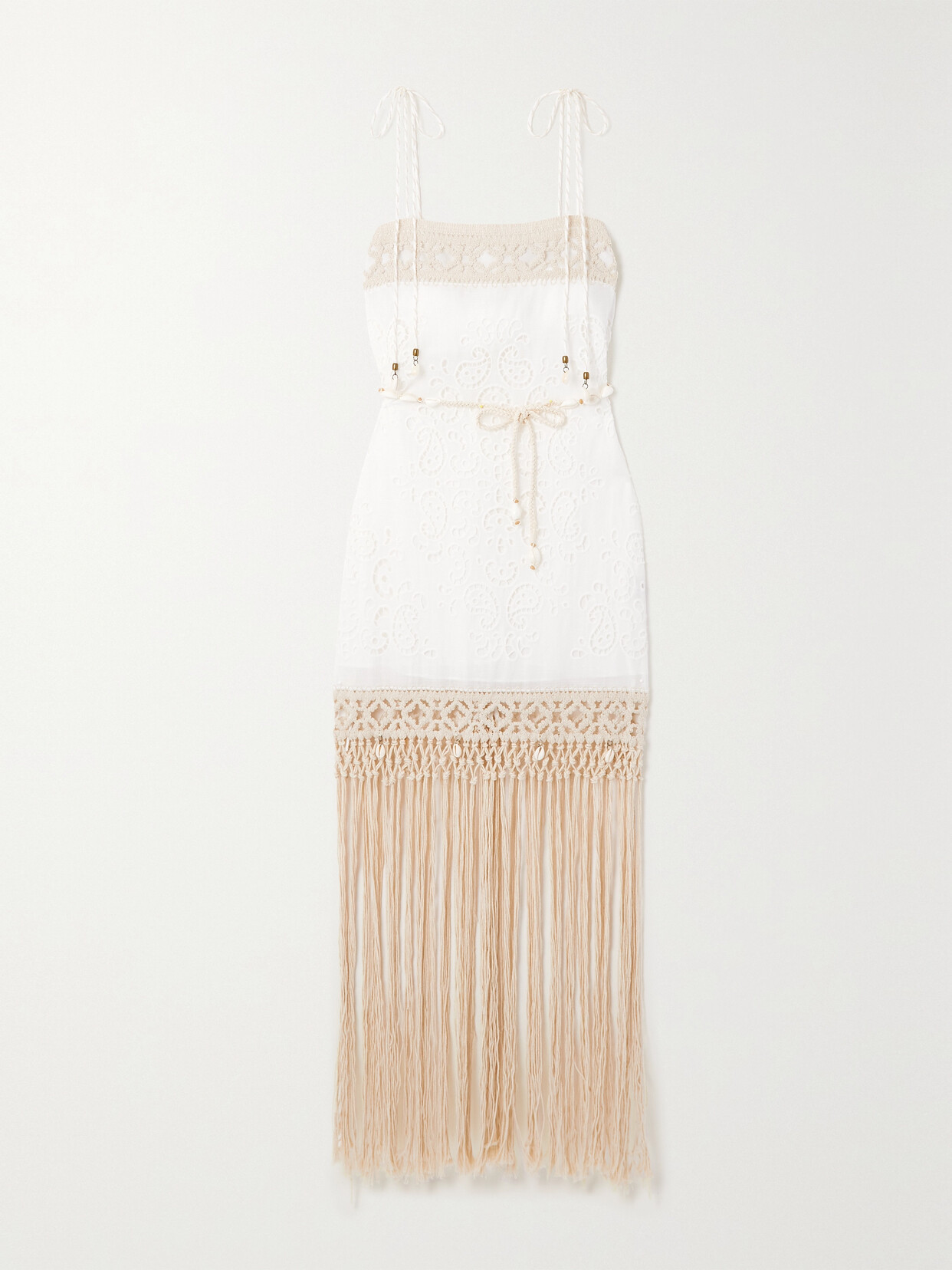 Zimmermann Vitali Shell-embellished Fringed Broderie Anglaise Cotton Dress
