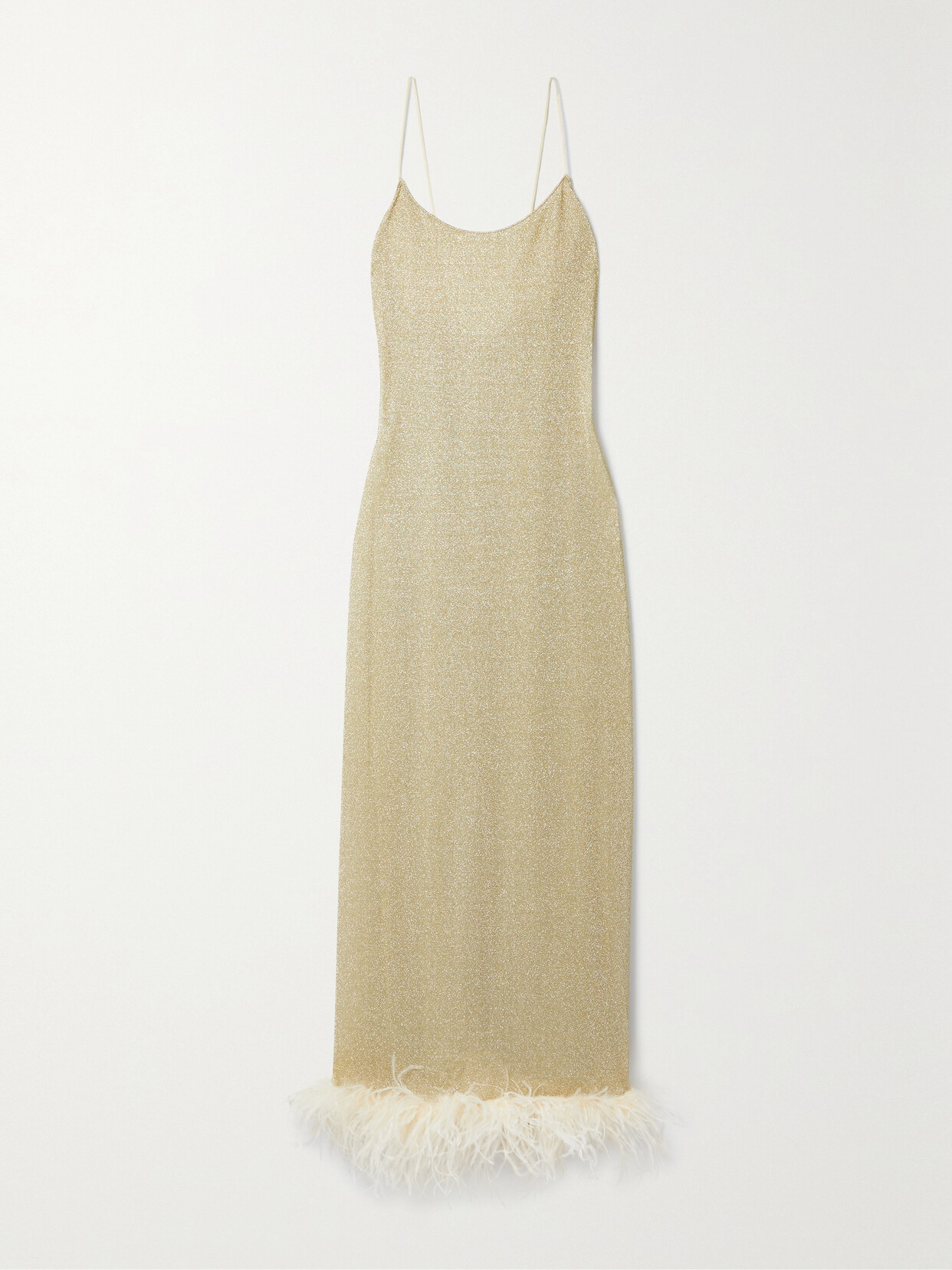 Oséree - Lumière Feather-trimmed Metallic Stretch-knit Maxi Dress - Gold