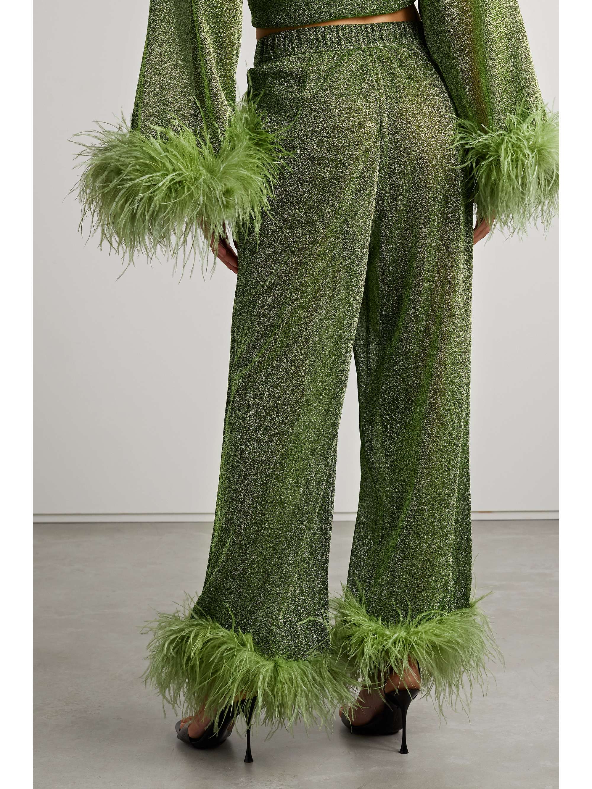 Lumière feather-trimmed metallic stretch-Lurex wide-leg pants