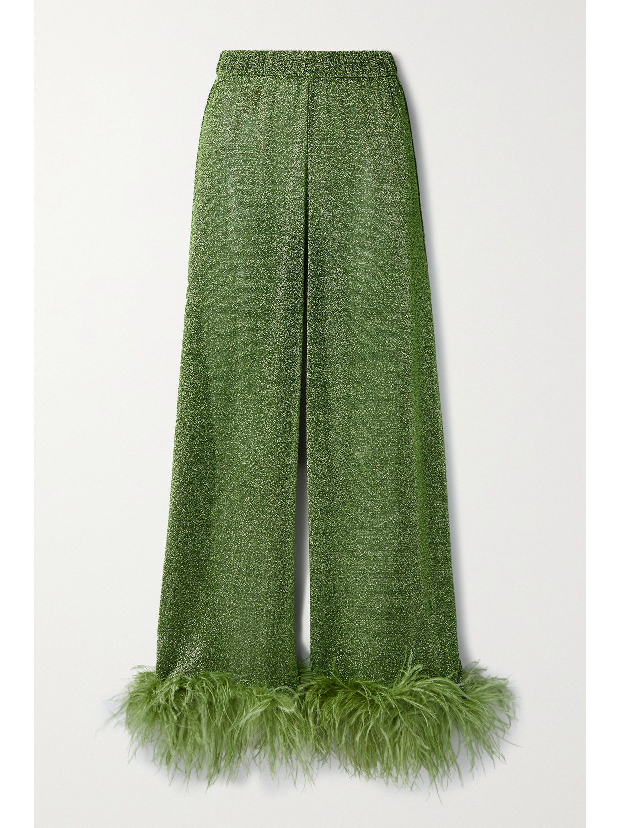 Oséree - Lumière Feather-trimmed Metallic Stretch-lurex Wide-leg Pants - Green