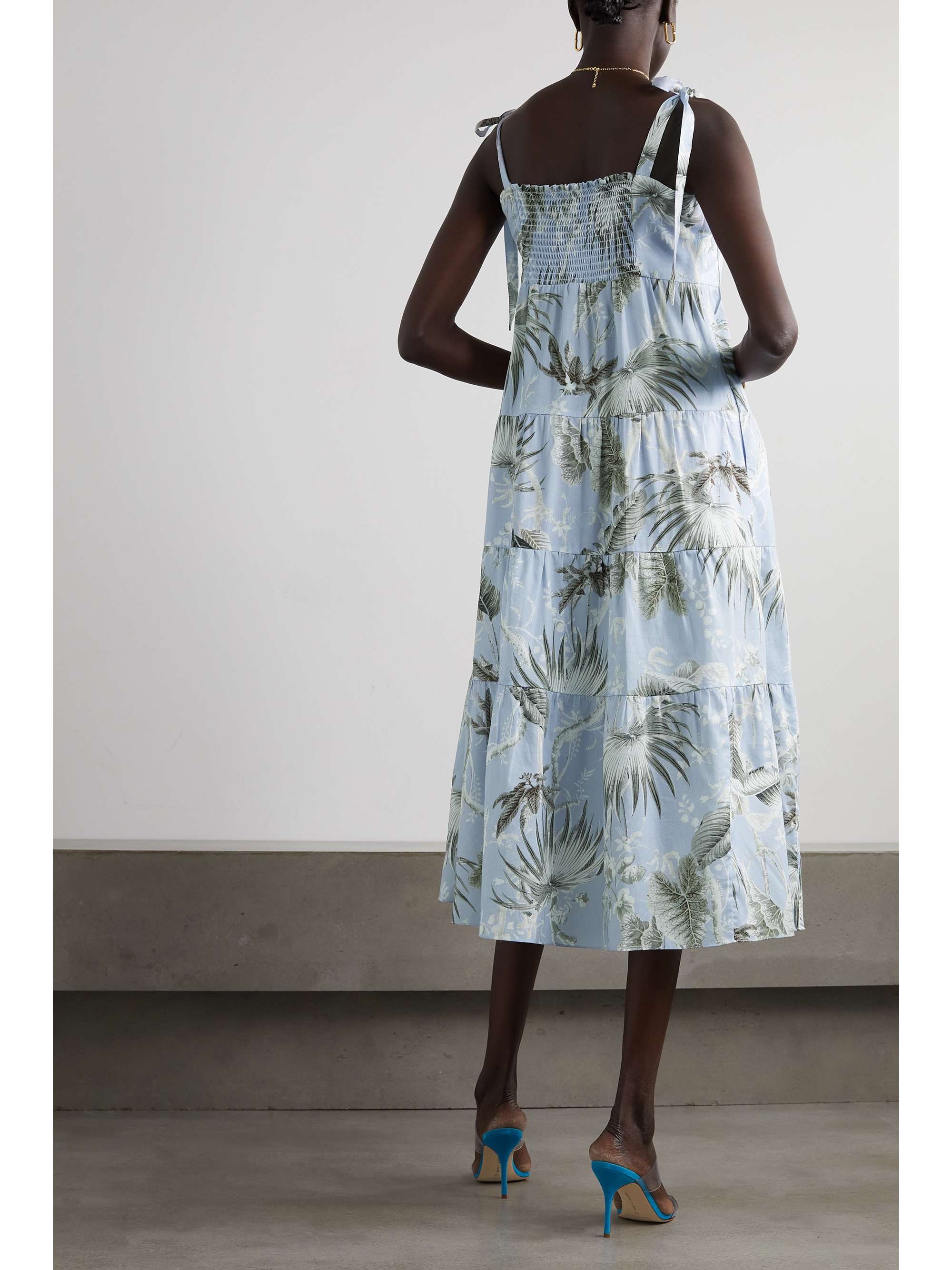 ERDEM Georgiana 系带细节印花棉丝混纺巴里纱中长连衣裙