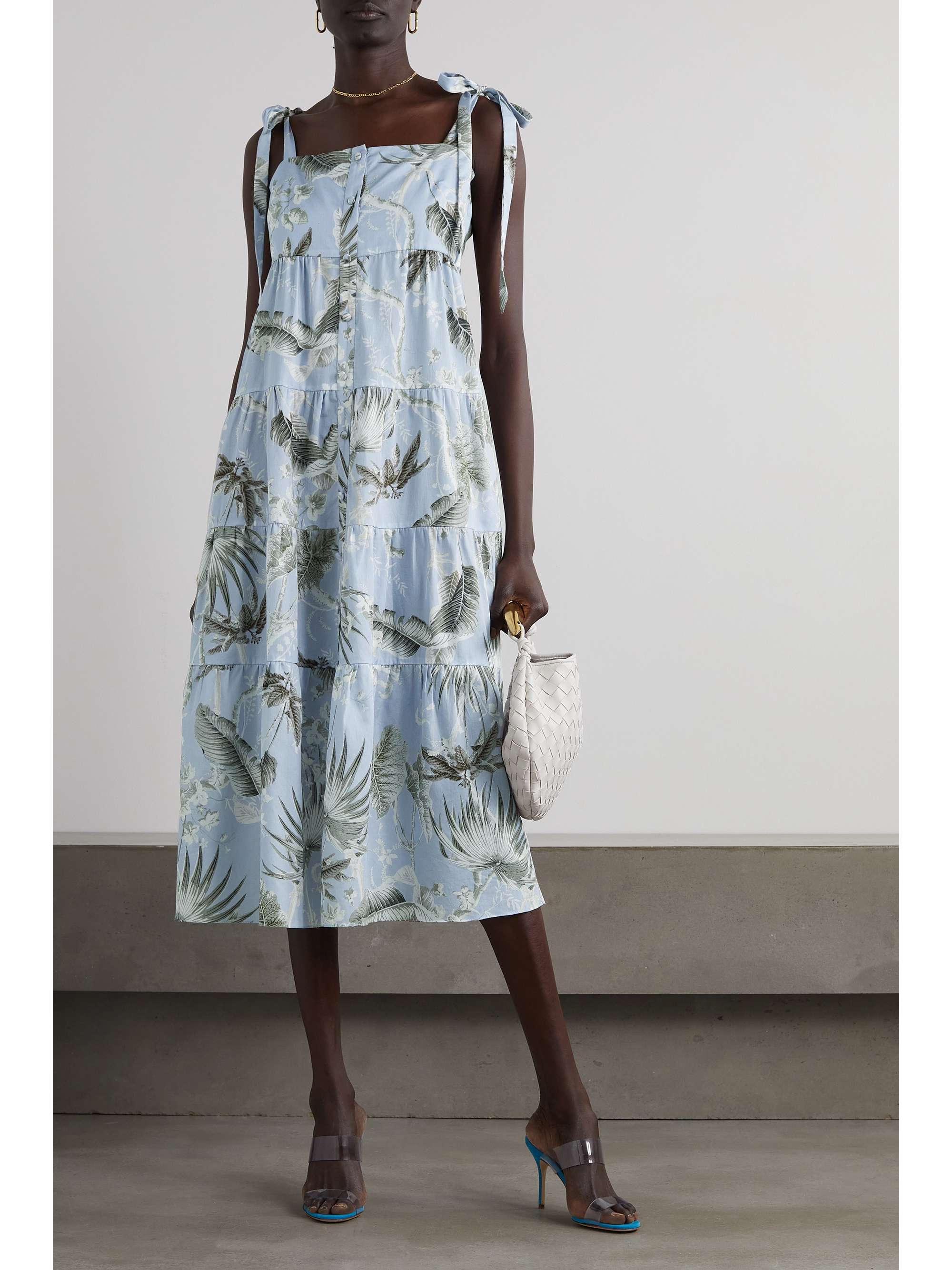 ERDEM Georgiana 系带细节印花棉丝混纺巴里纱中长连衣裙