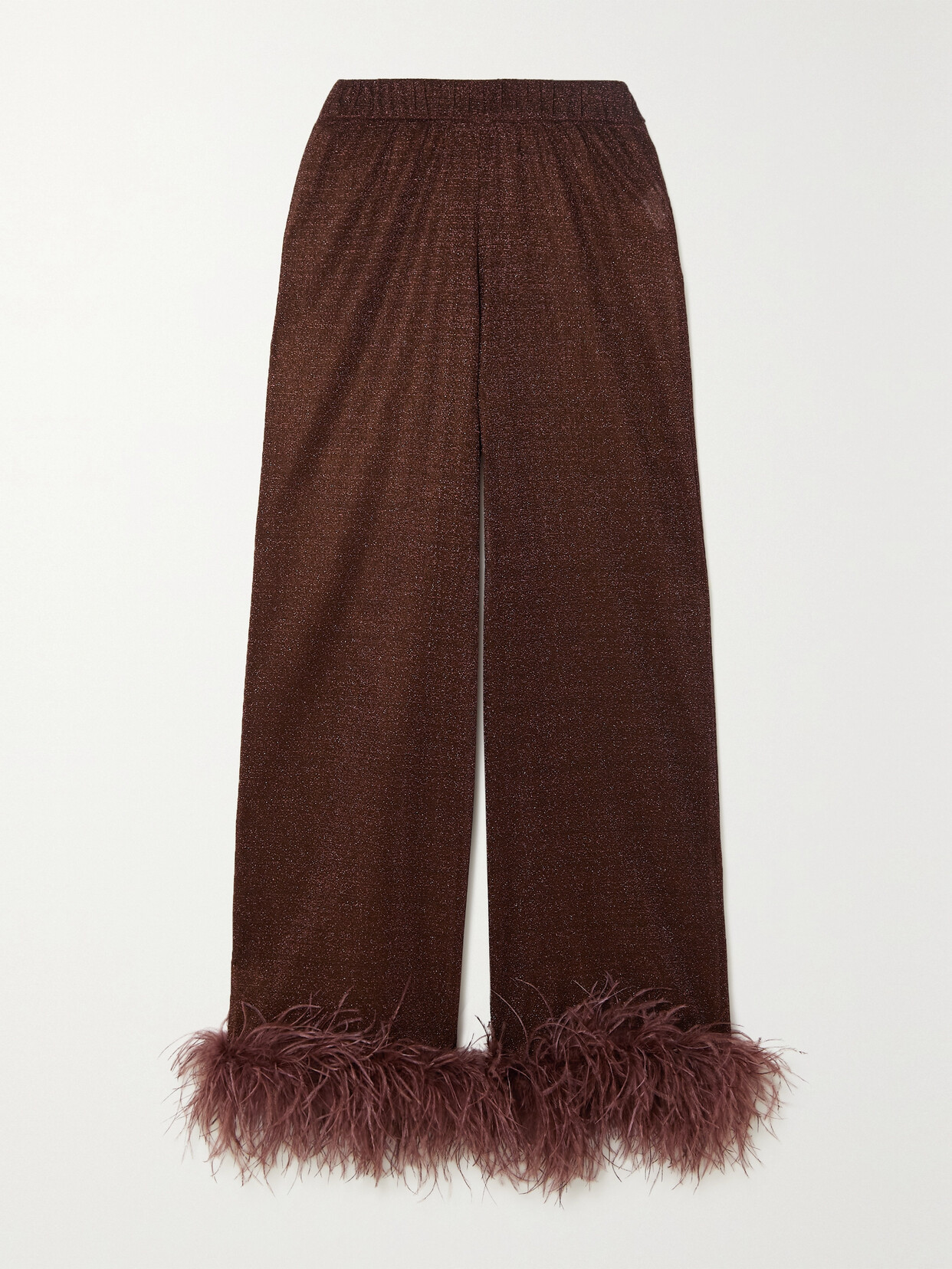 Oséree - Lumière Feather-trimmed Metallic Stretch-lurex Wide-leg Pants - Brown