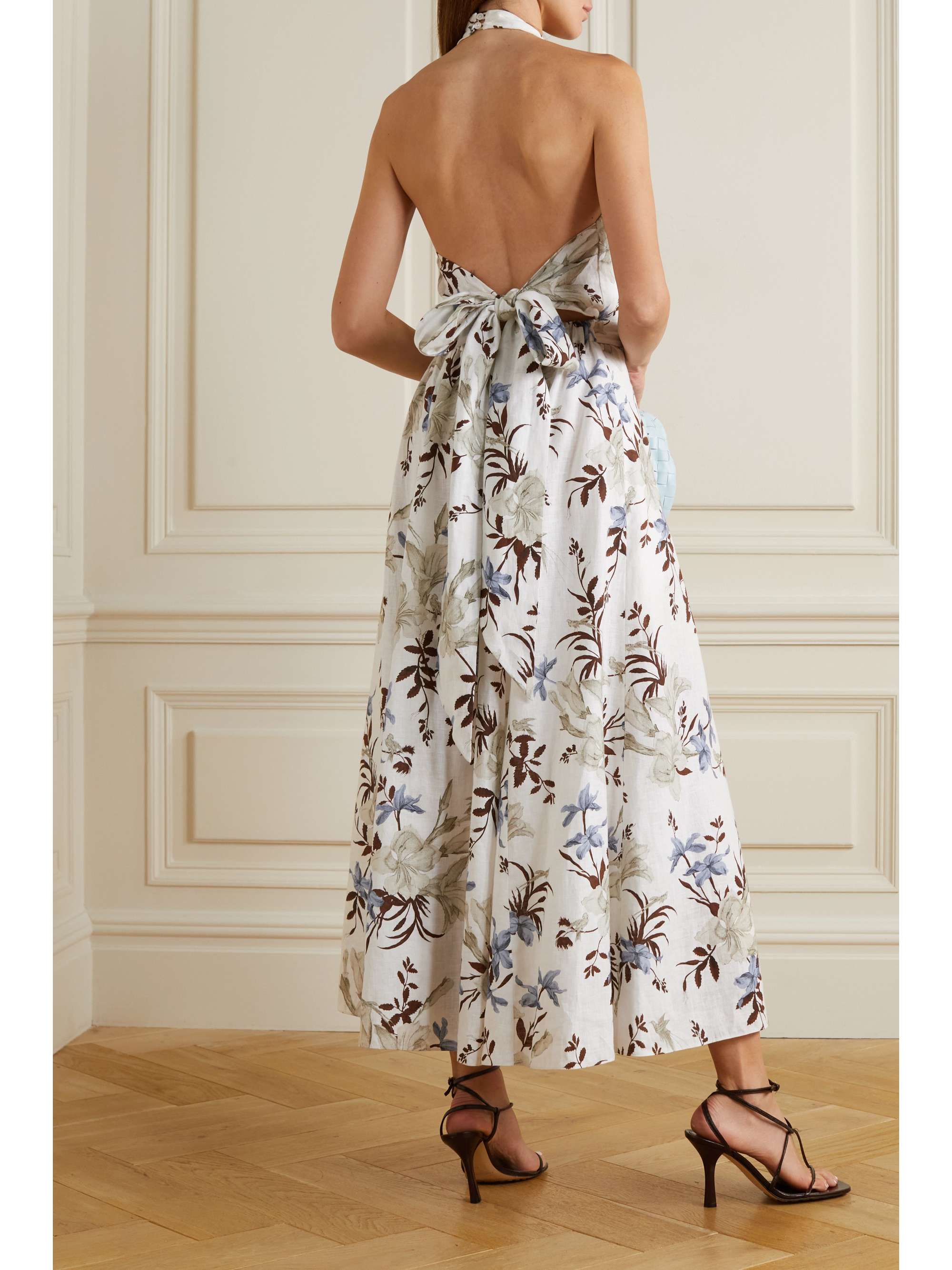 ERDEM Selene bow-detailed floral-print linen halterneck midi dress
