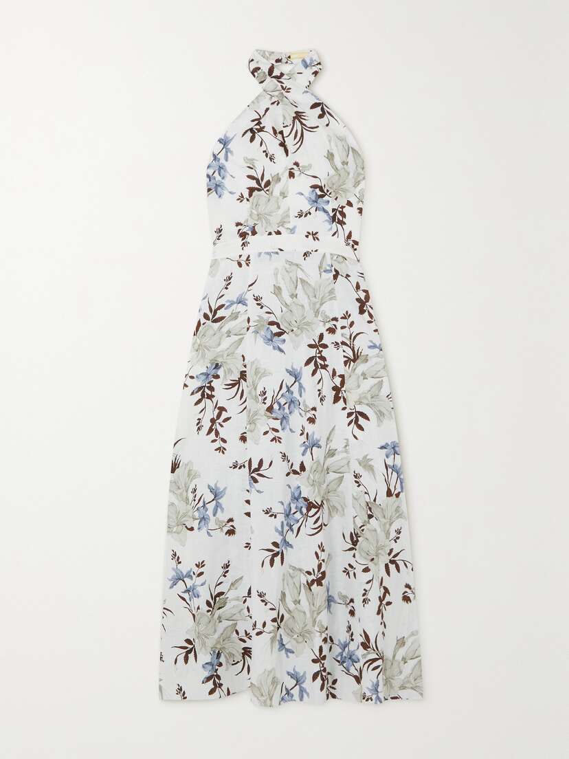 Erdem Selene Bow-detailed Floral-print Linen Halterneck Midi Dress