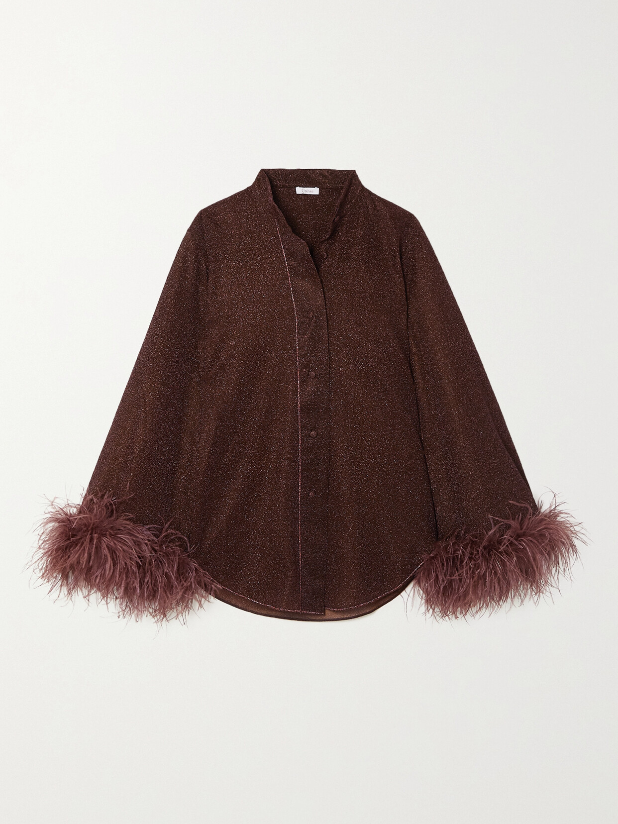 Oséree - Lumière Feather-trimmed Metallic Stretch-knit Shirt - Brown