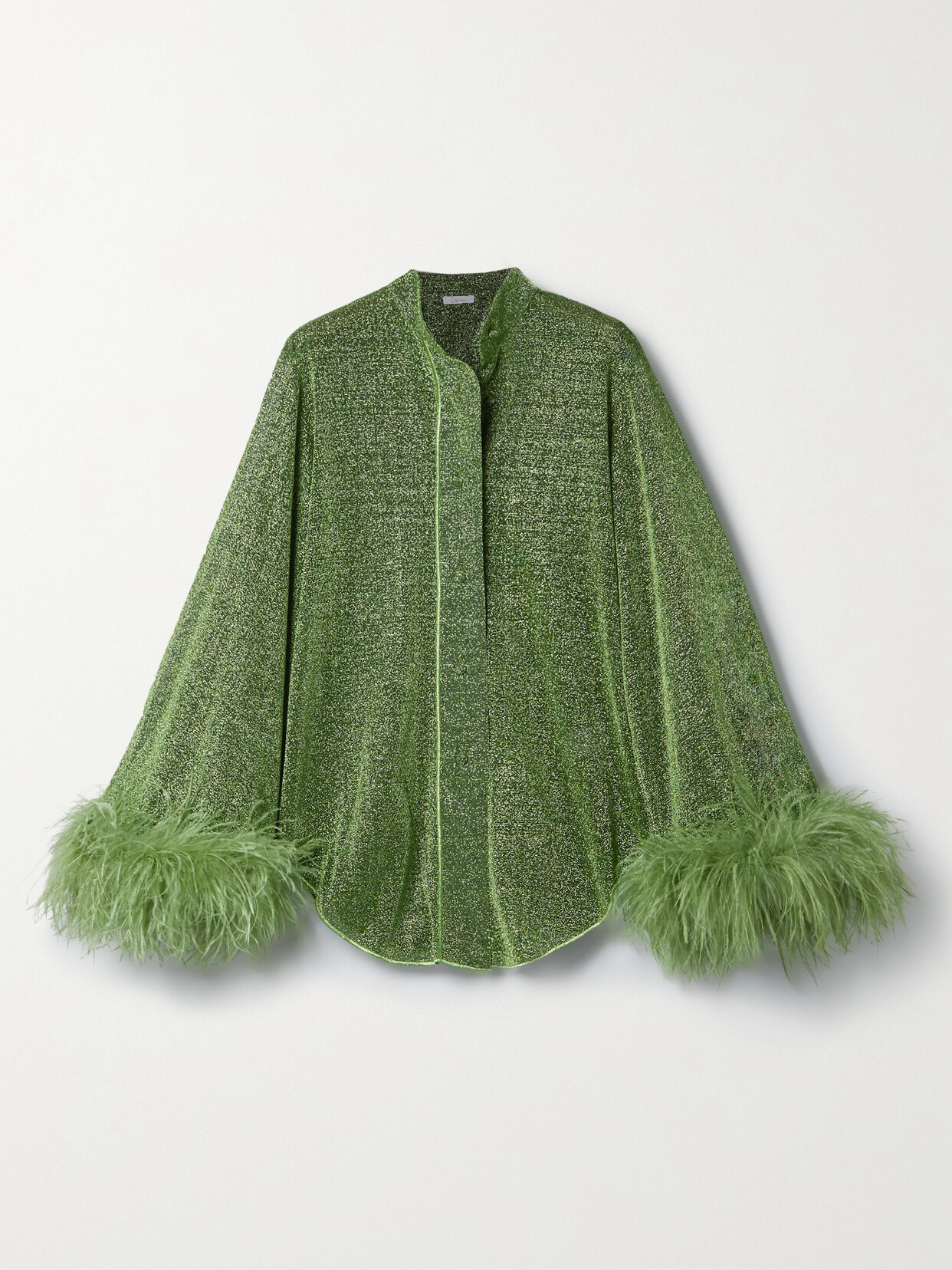 Oséree - Lumière Feather-trimmed Metallic Stretch-knit Shirt - Green