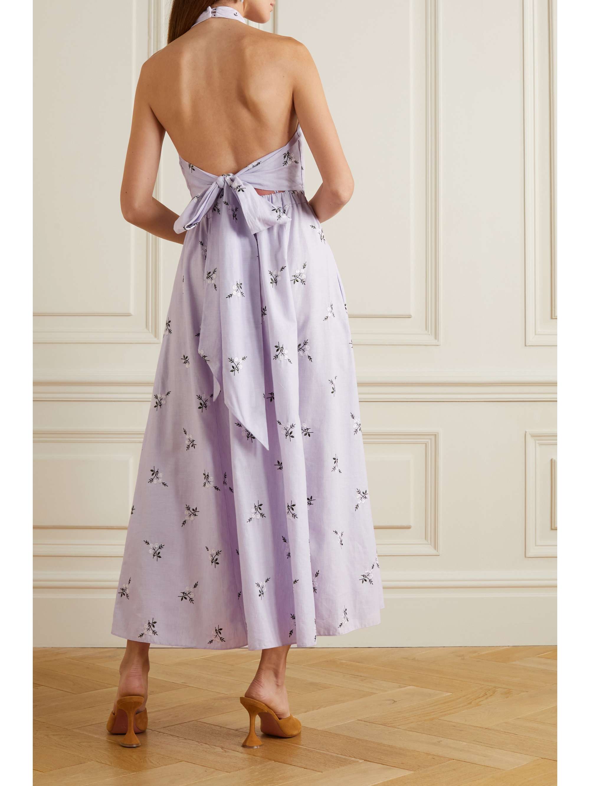ERDEM Selene embroidered cotton and linen-blend halterneck midi dress
