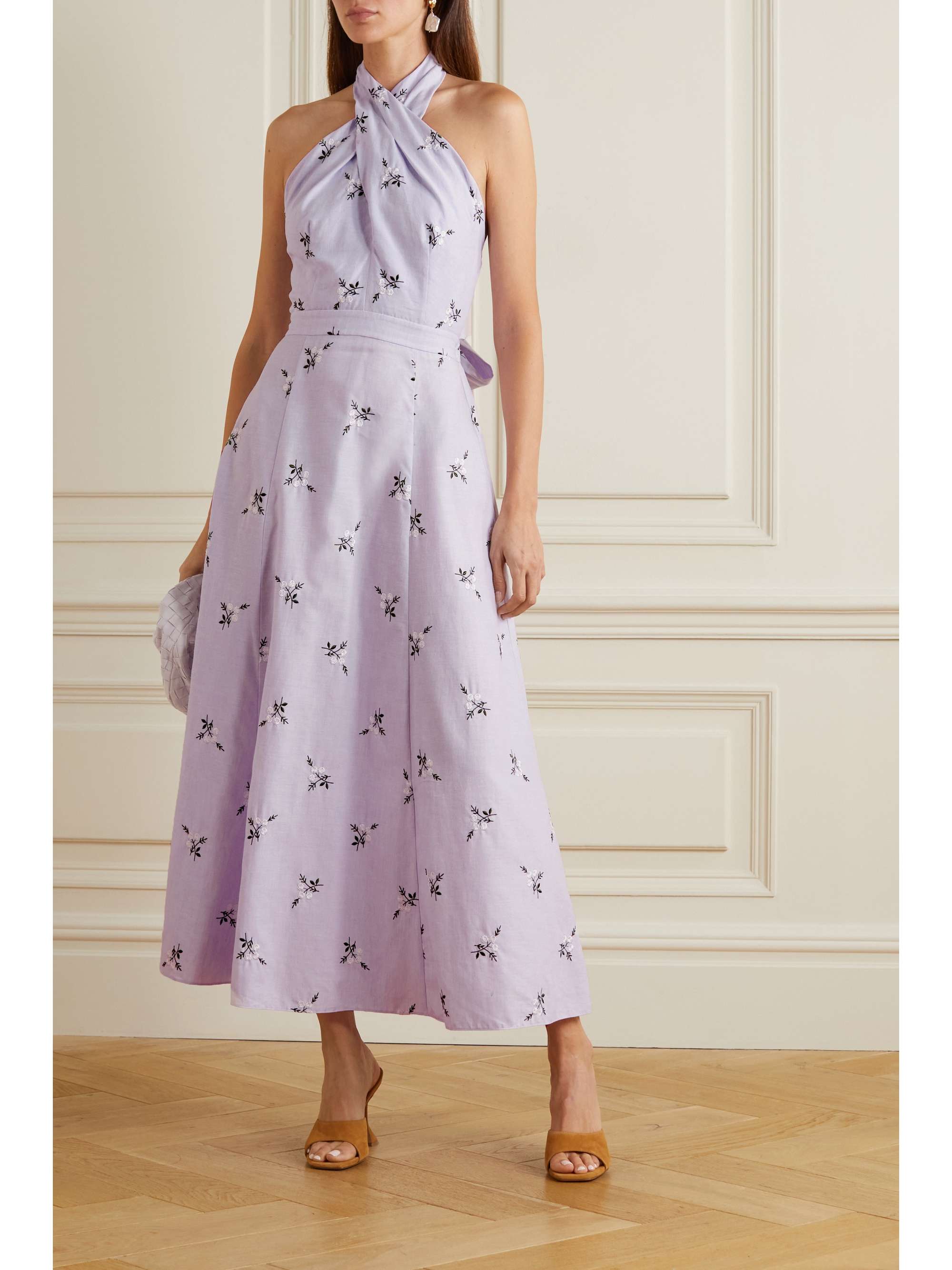 ERDEM Selene embroidered cotton and linen-blend halterneck midi dress