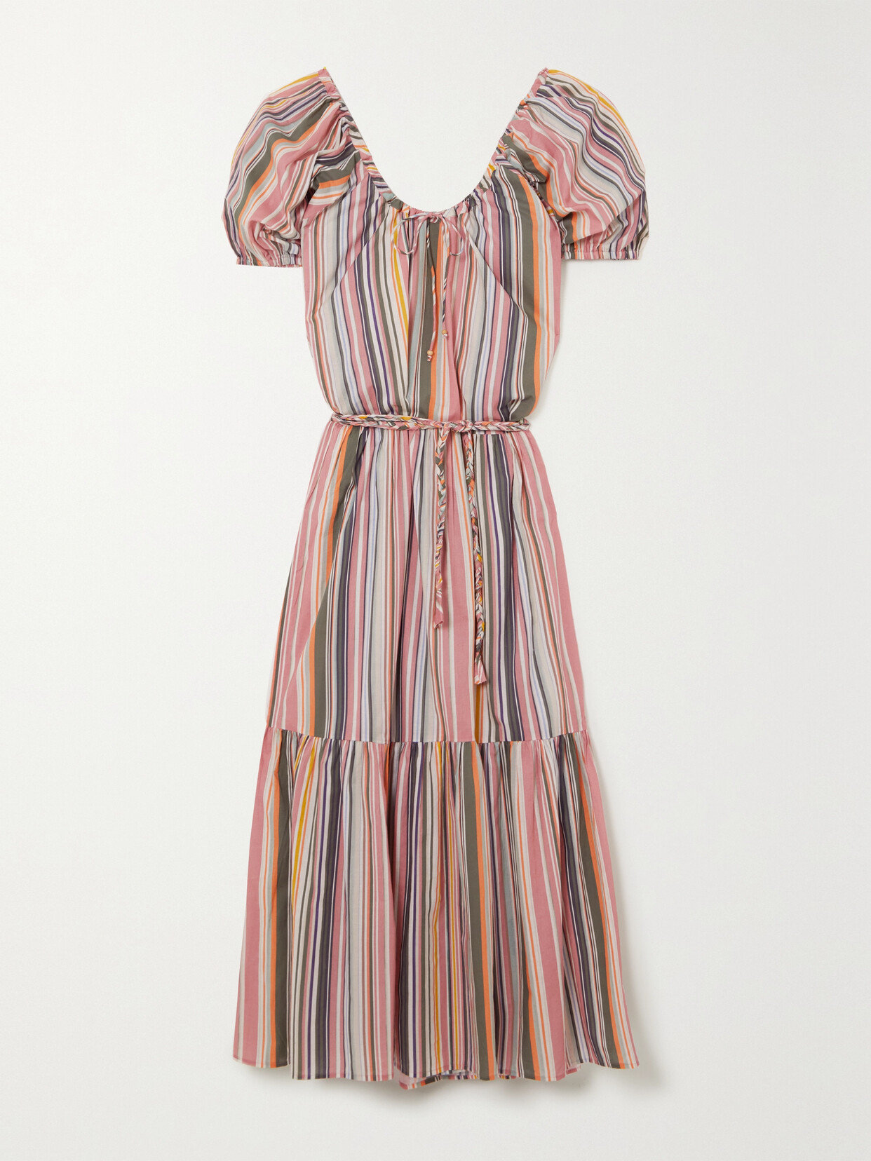 Hannah Artwear Selene Belted Tiered Striped Cotton Maxi Dress In Pink