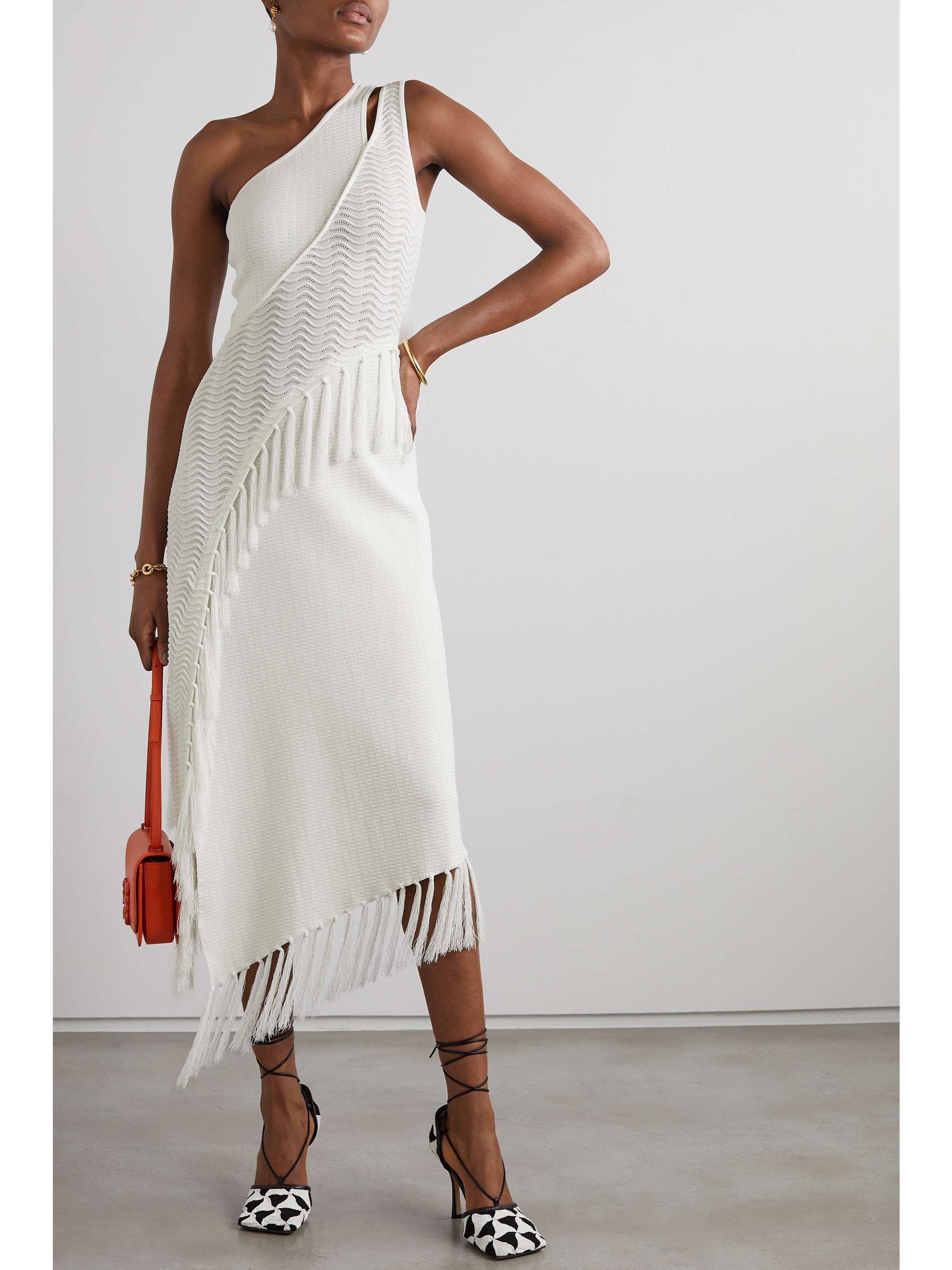 CULT GAIA Saida oneshoulder asymmetric tasseled pointelleknit midi