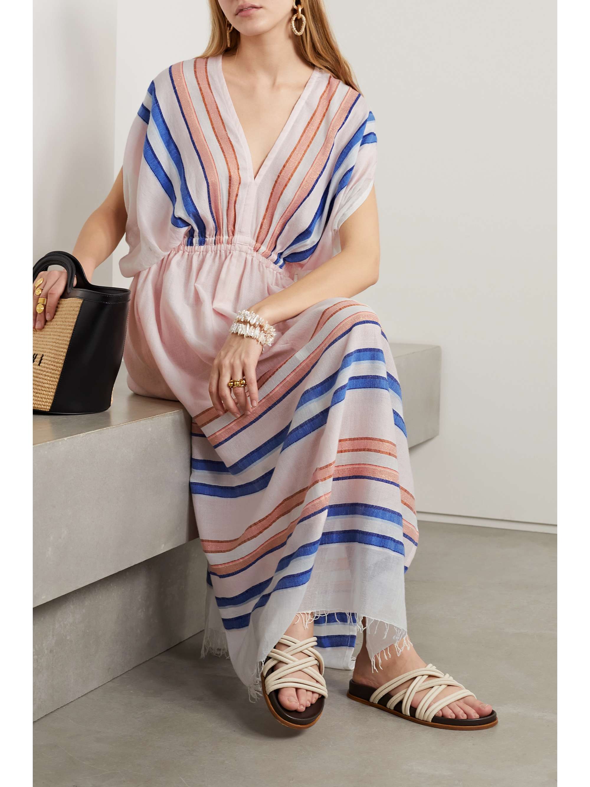 LEMLEM + NET SUSTAIN Eskedar frayed striped cotton-blend gauze coverup |  NET-A-PORTER
