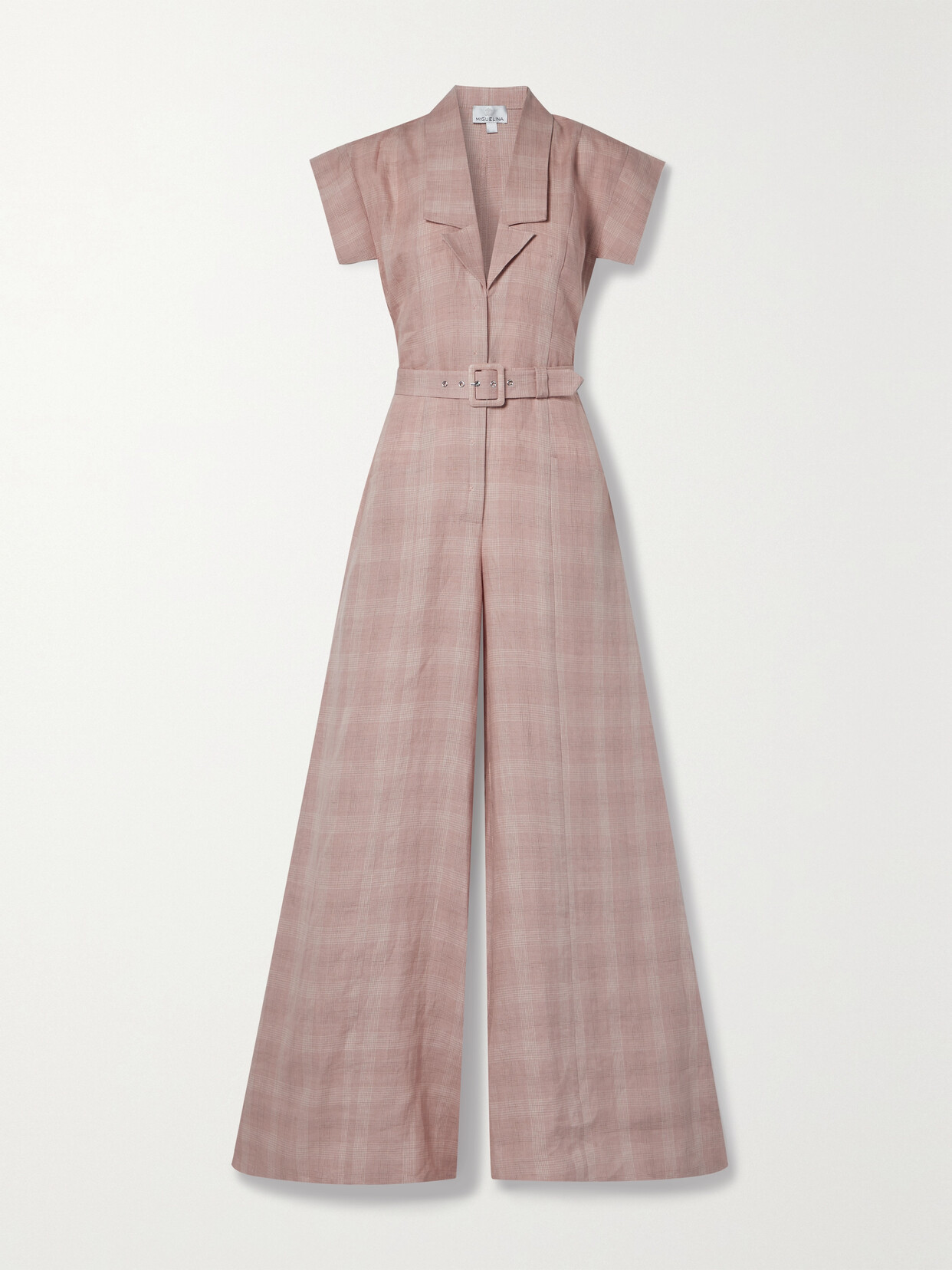 Miguelina Odessa Belted Checked Linen Jumpsuit In Brown