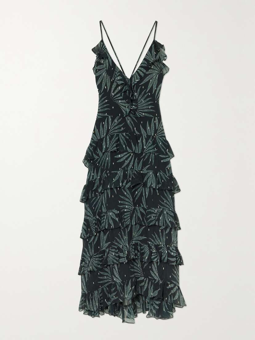 EVARAE Mimi Ruffled Printed Crinkled Fil Coupé Silk-blend Midi Dress