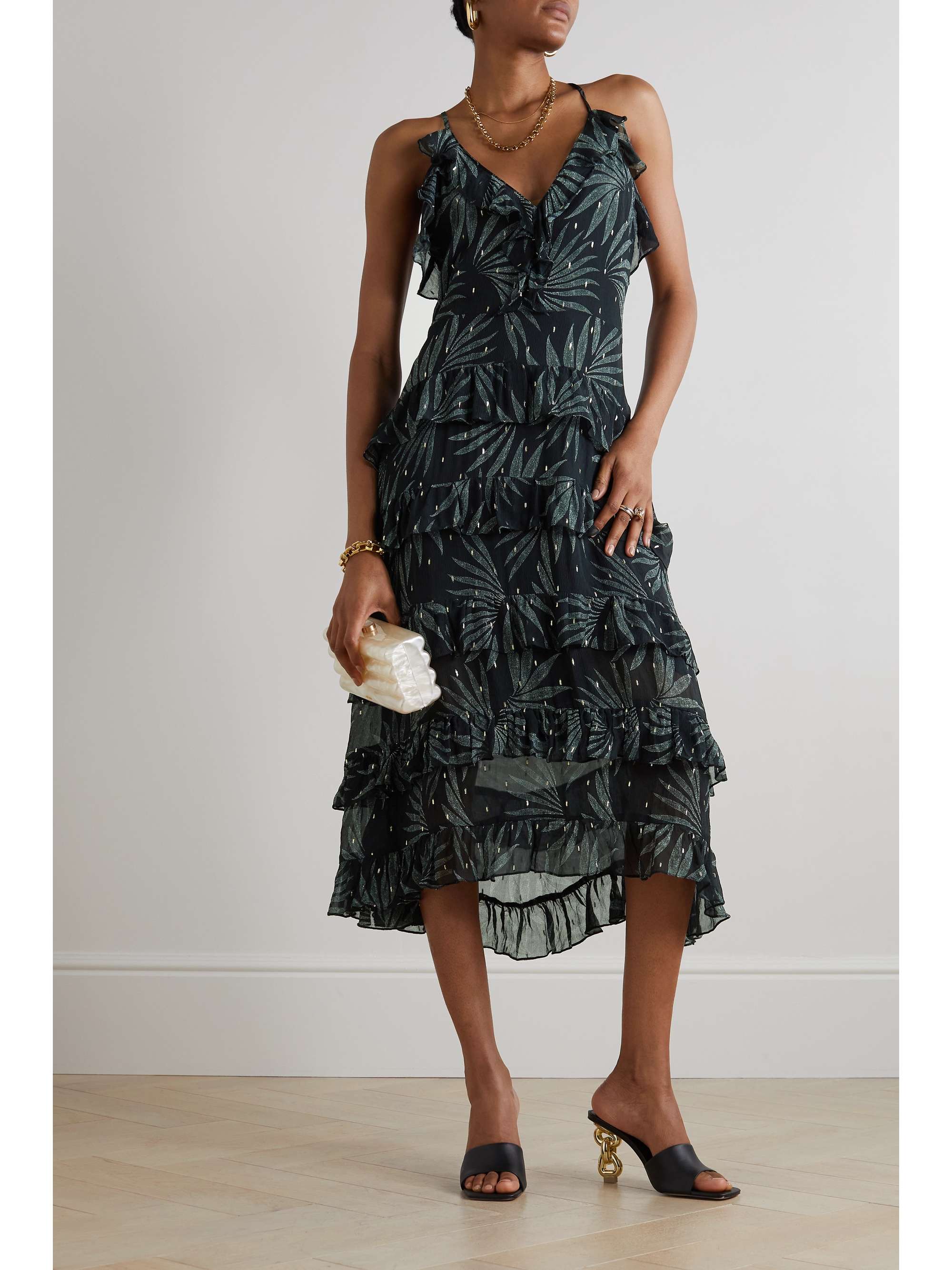 EVARAE Mimi ruffled printed crinkled fil coupé silk-blend midi dress