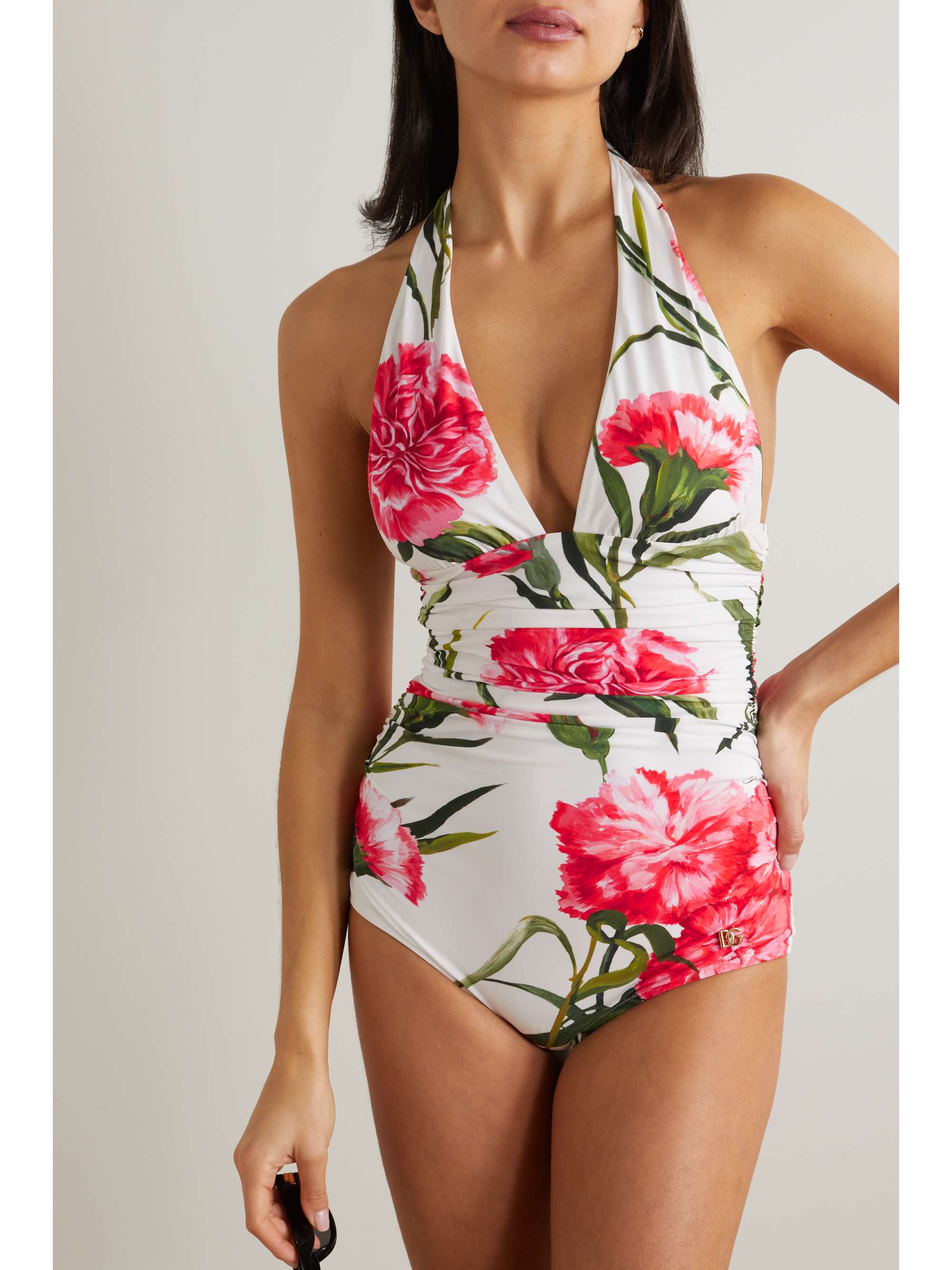 DOLCE & GABBANA Ruched floral-print halterneck swimsuit