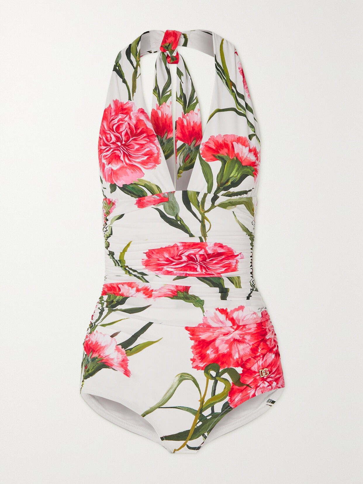 Dolce & Gabbana - Ruched Floral-print Halterneck Swimsuit - Pink